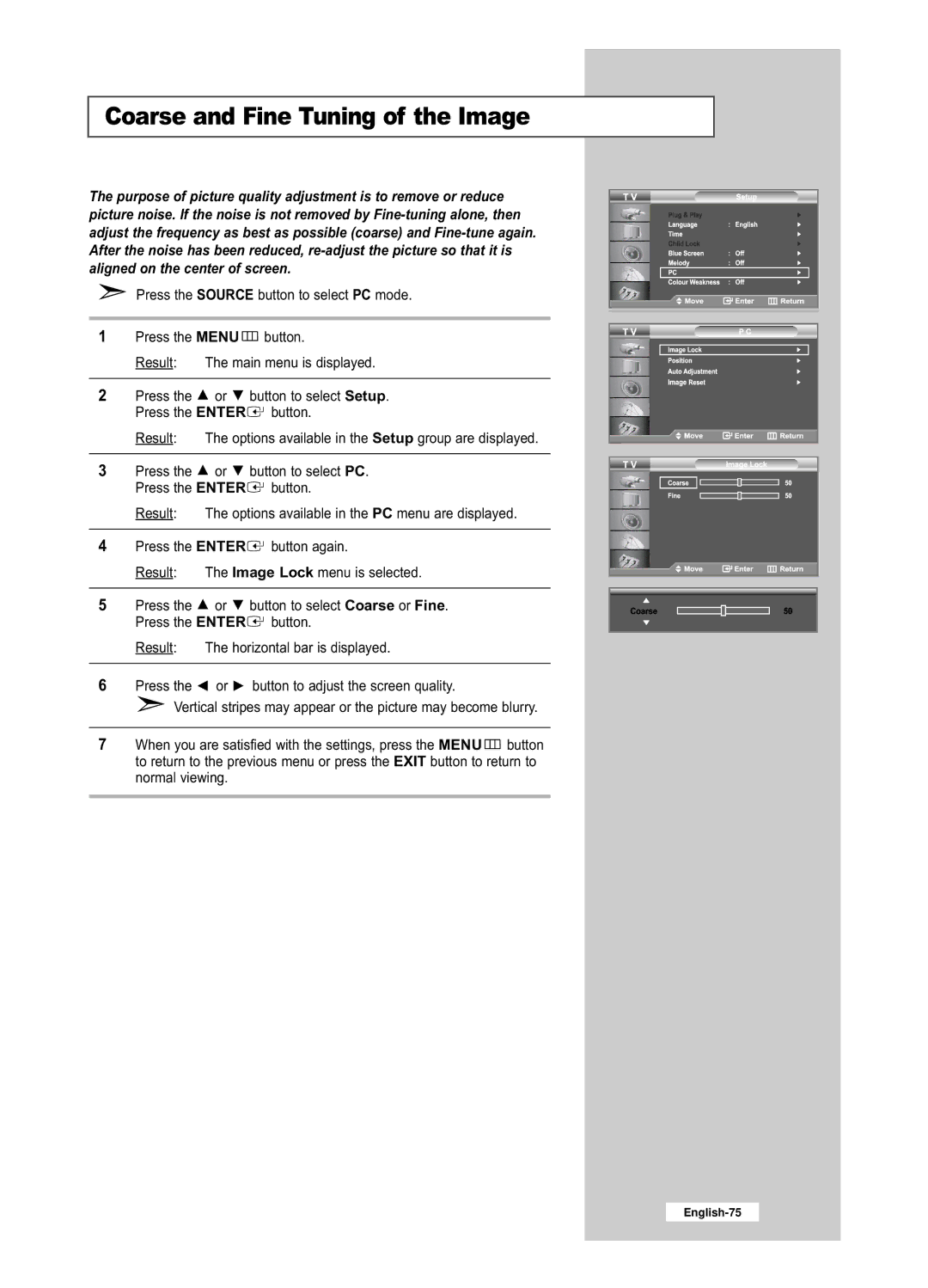 Samsung LE26R52BD, LE32R52BD manual Coarse and Fine Tuning of the Image 