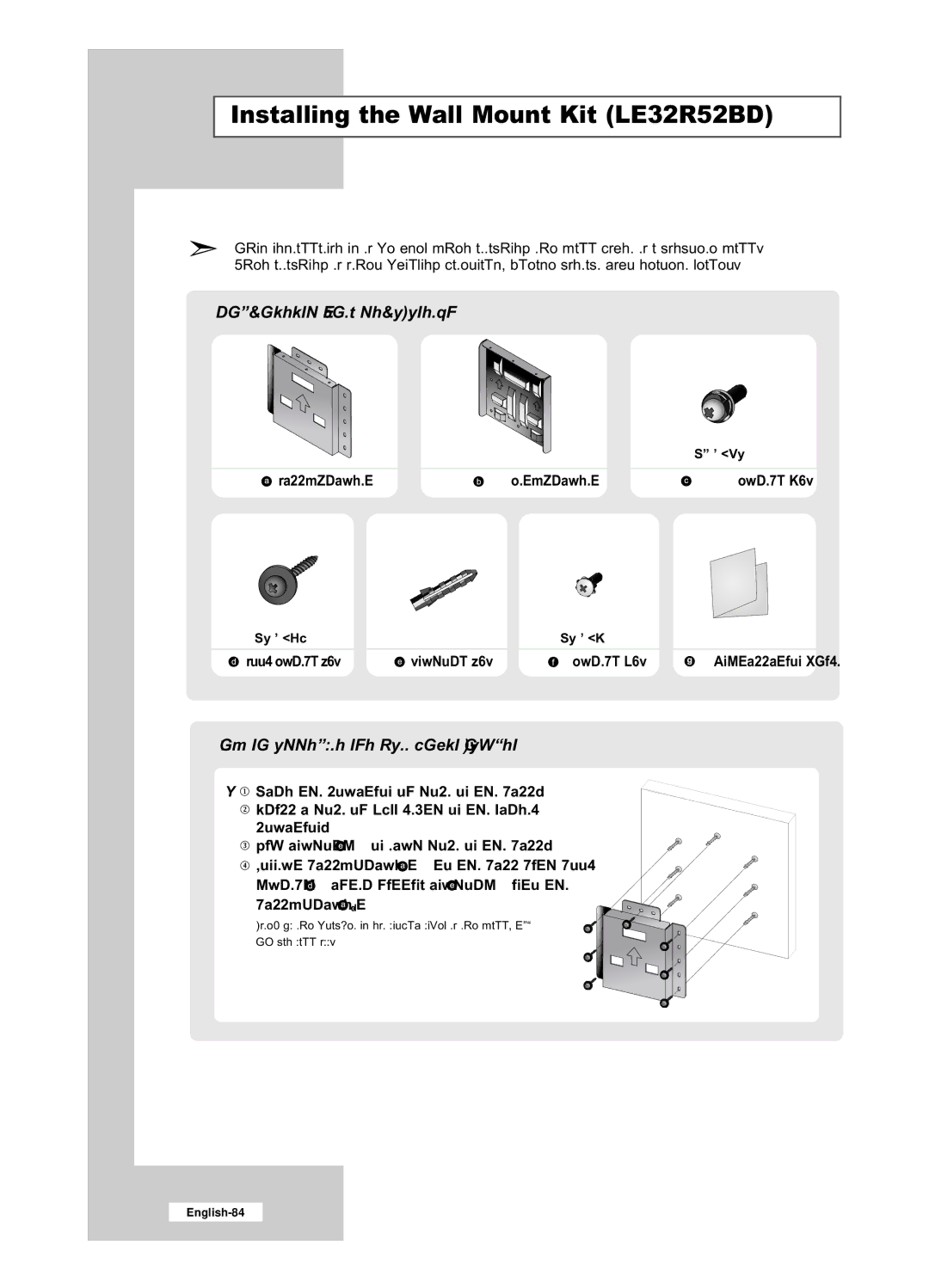 Samsung LE26R52BD manual Installing the Wall Mount Kit LE32R52BD 