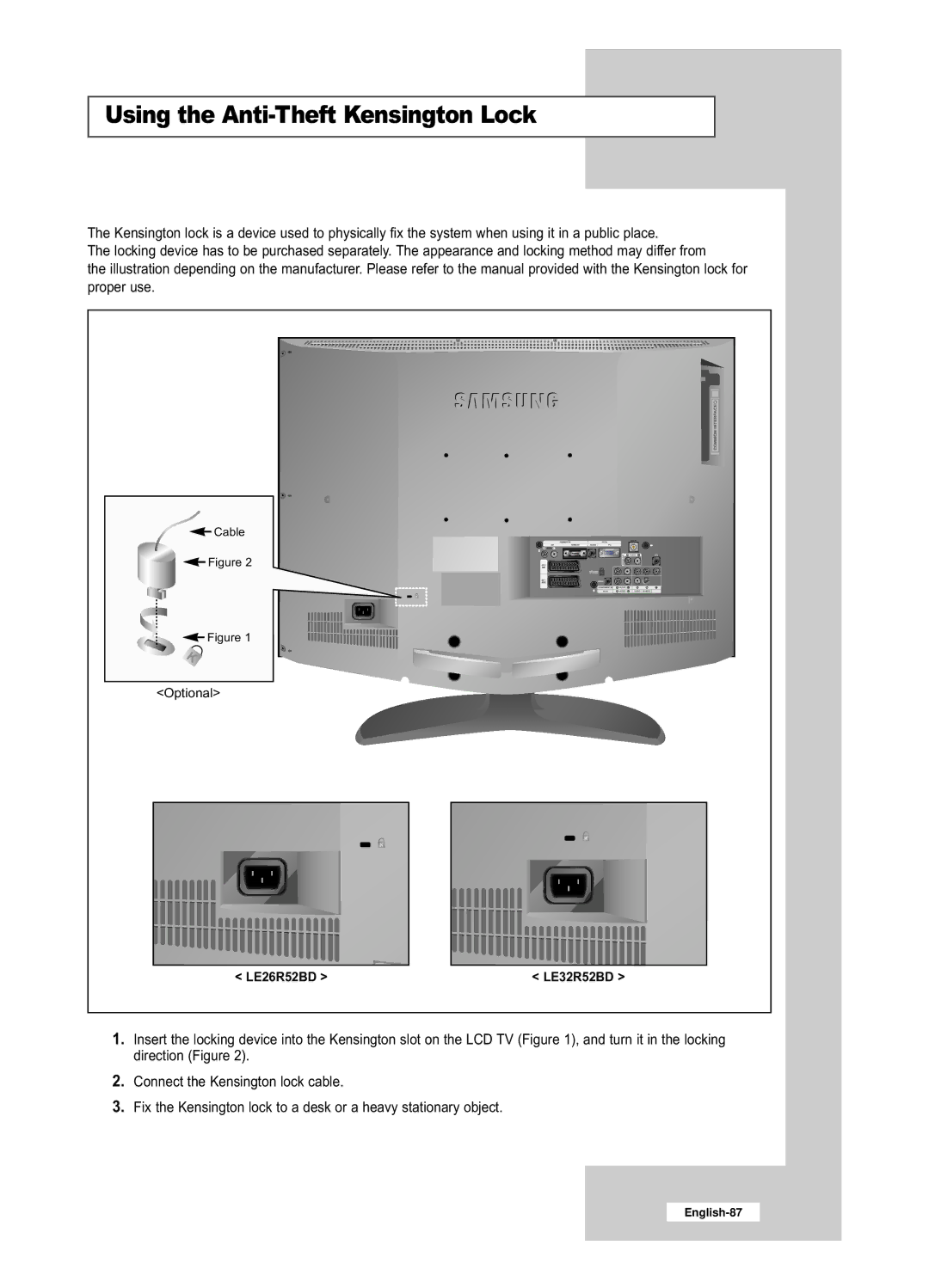 Samsung LE26R52BD, LE32R52BD manual Using the Anti-Theft Kensington Lock 