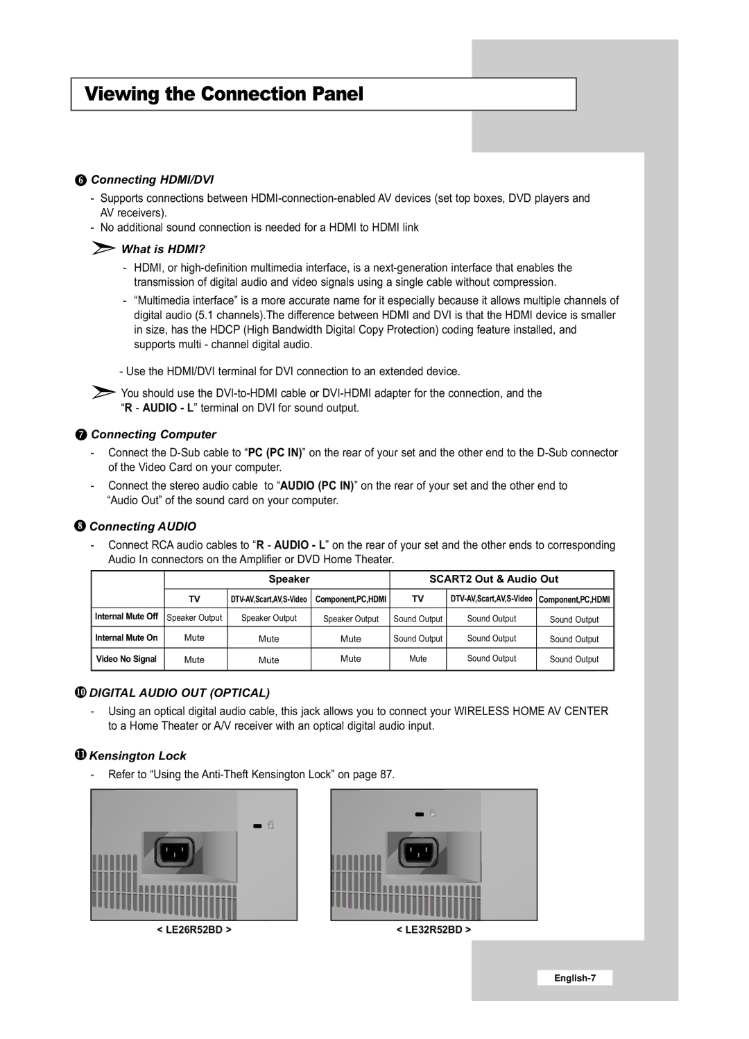 Samsung LE26R52BD, LE32R52BD Connecting HDMI/DVI, What is HDMI?, Connecting Computer, Connecting Audio, Kensington Lock 