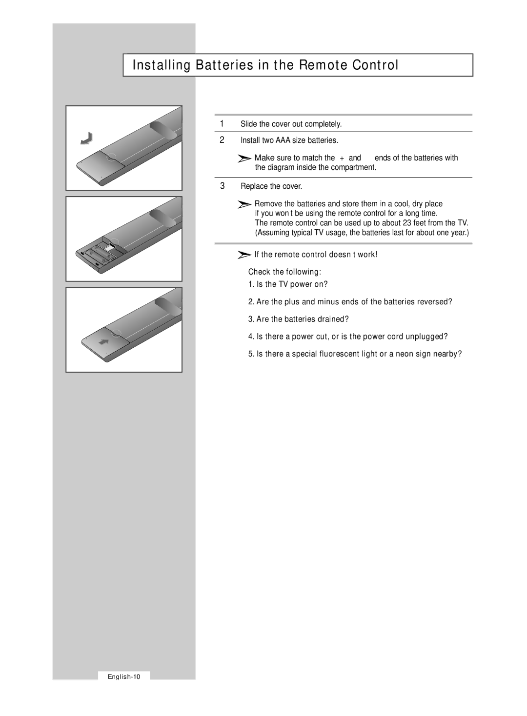 Samsung LE32R53B manual Installing Batteries in the Remote Control 