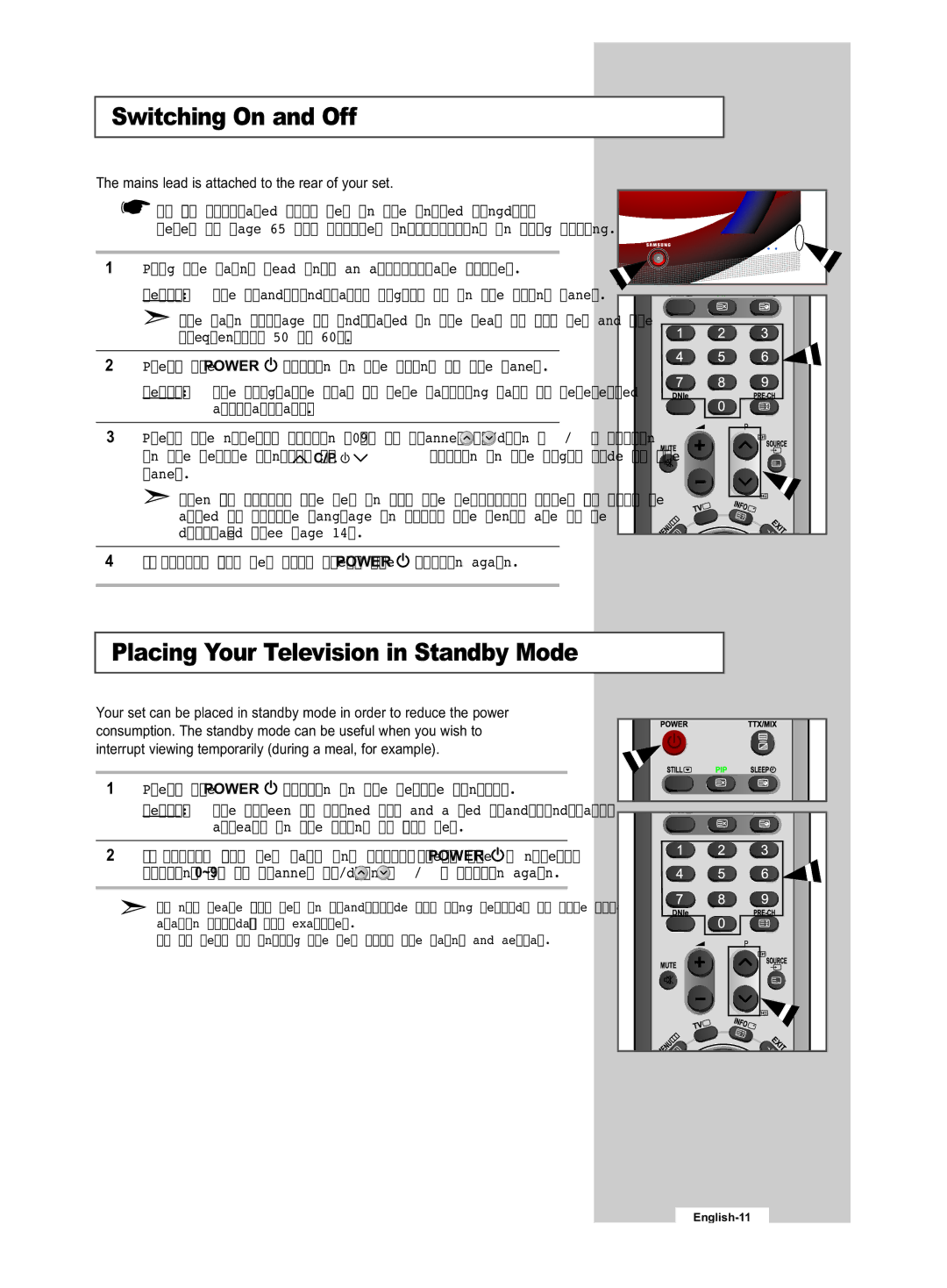 Samsung LE32R53B manual Switching On and Off, Placing Your Television in Standby Mode 