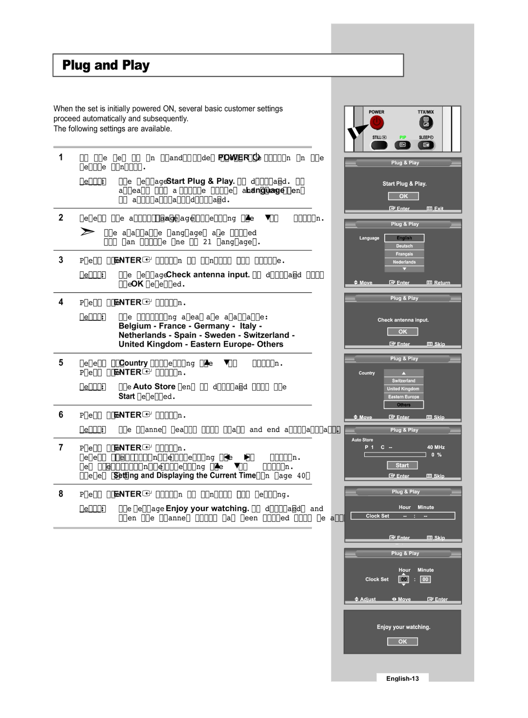 Samsung LE32R53B manual Plug and Play, Refer to Setting and Displaying the Current Time on 