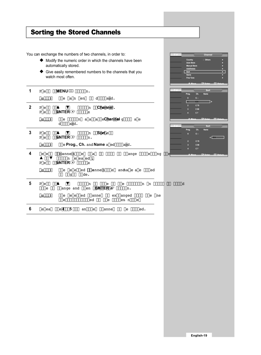 Samsung LE32R53B manual Sorting the Stored Channels 