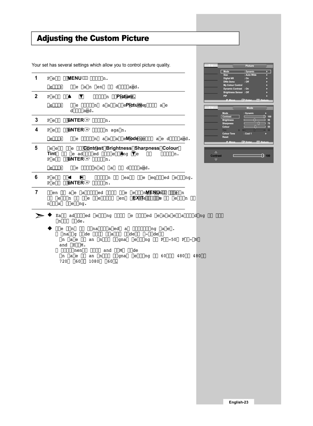 Samsung LE32R53B manual Adjusting the Custom Picture, Select the option Contrast, Brightness, Sharpness, Colour 