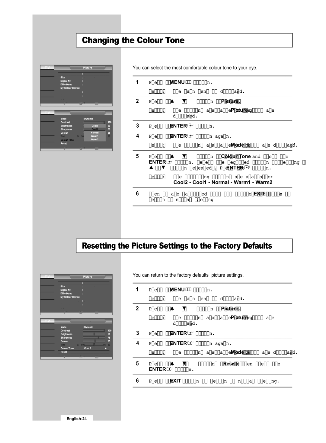 Samsung LE32R53B manual Changing the Colour Tone, Cool2 Cool1 Normal Warm1 Warm2 