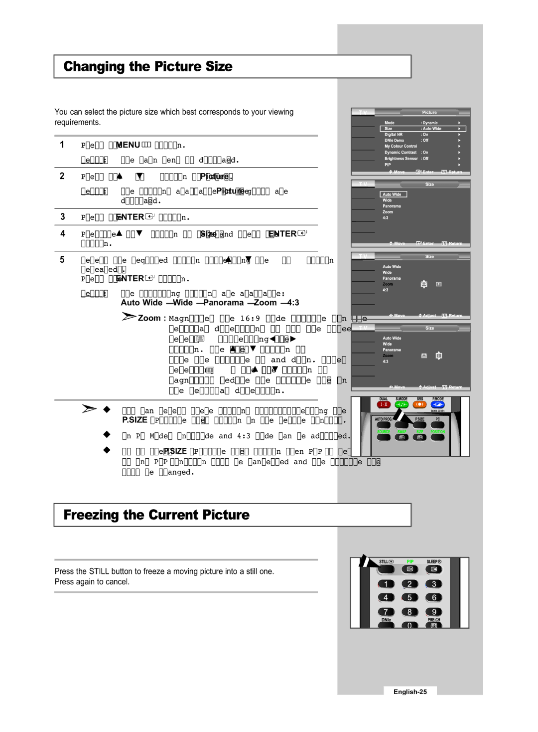 Samsung LE32R53B manual Changing the Picture Size, Freezing the Current Picture, Auto Wide Wide Panorama Zoom 