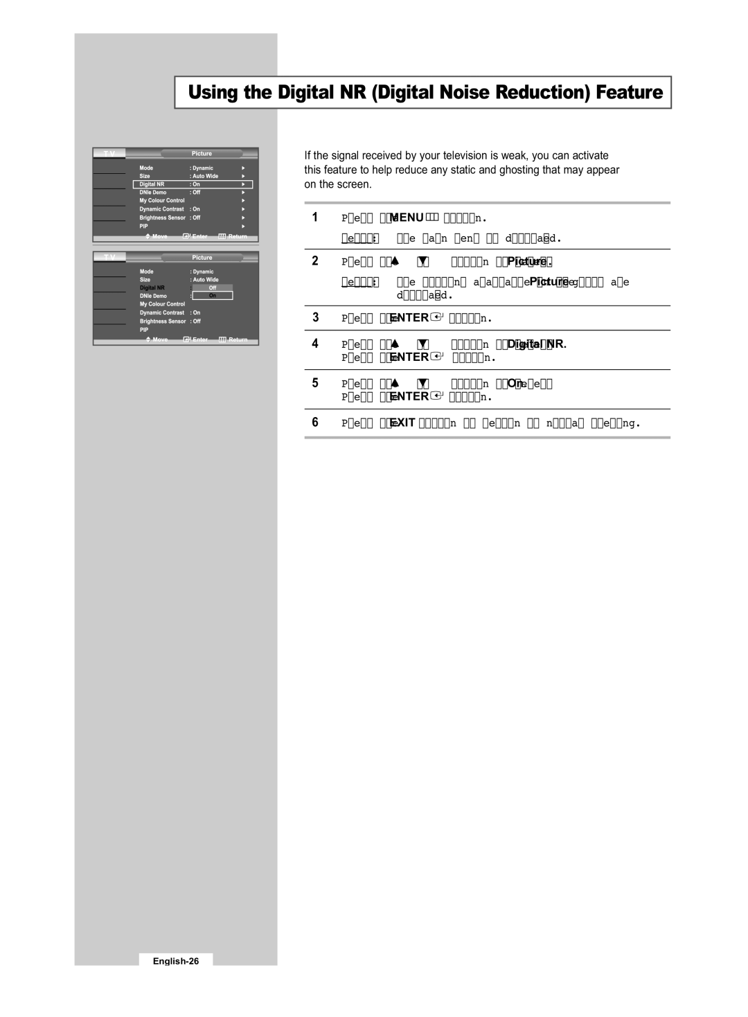 Samsung LE32R53B manual Using the Digital NR Digital Noise Reduction Feature 