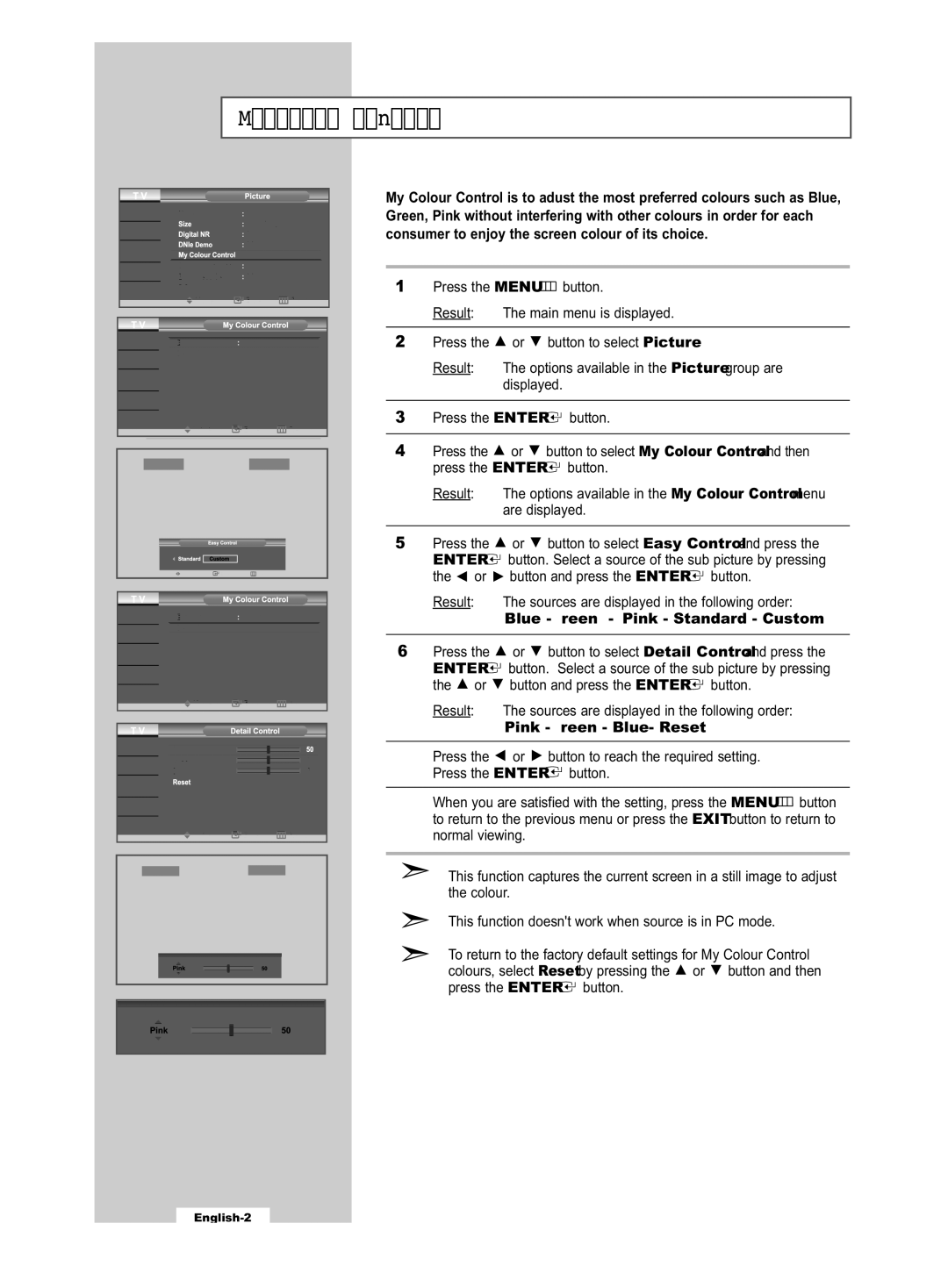 Samsung LE32R53B manual My Colour Control, Blue Green Pink Standard Custom, Pink Green Blue- Reset 