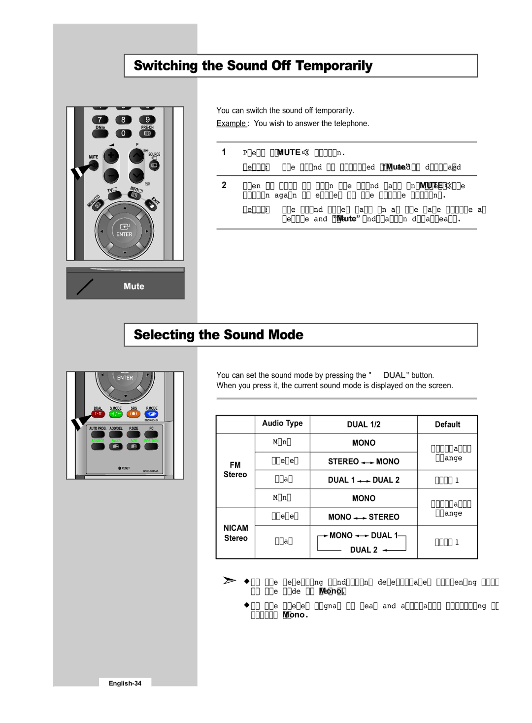 Samsung LE32R53B manual Switching the Sound Off Temporarily, Selecting the Sound Mode 