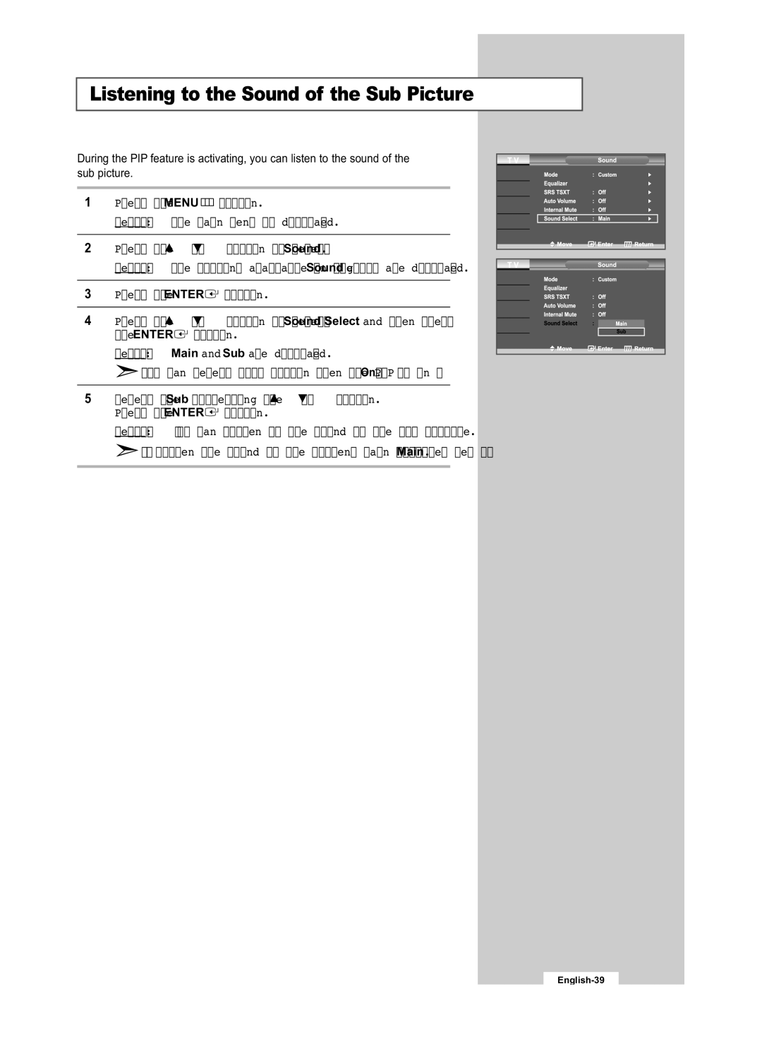 Samsung LE32R53B manual Listening to the Sound of the Sub Picture 