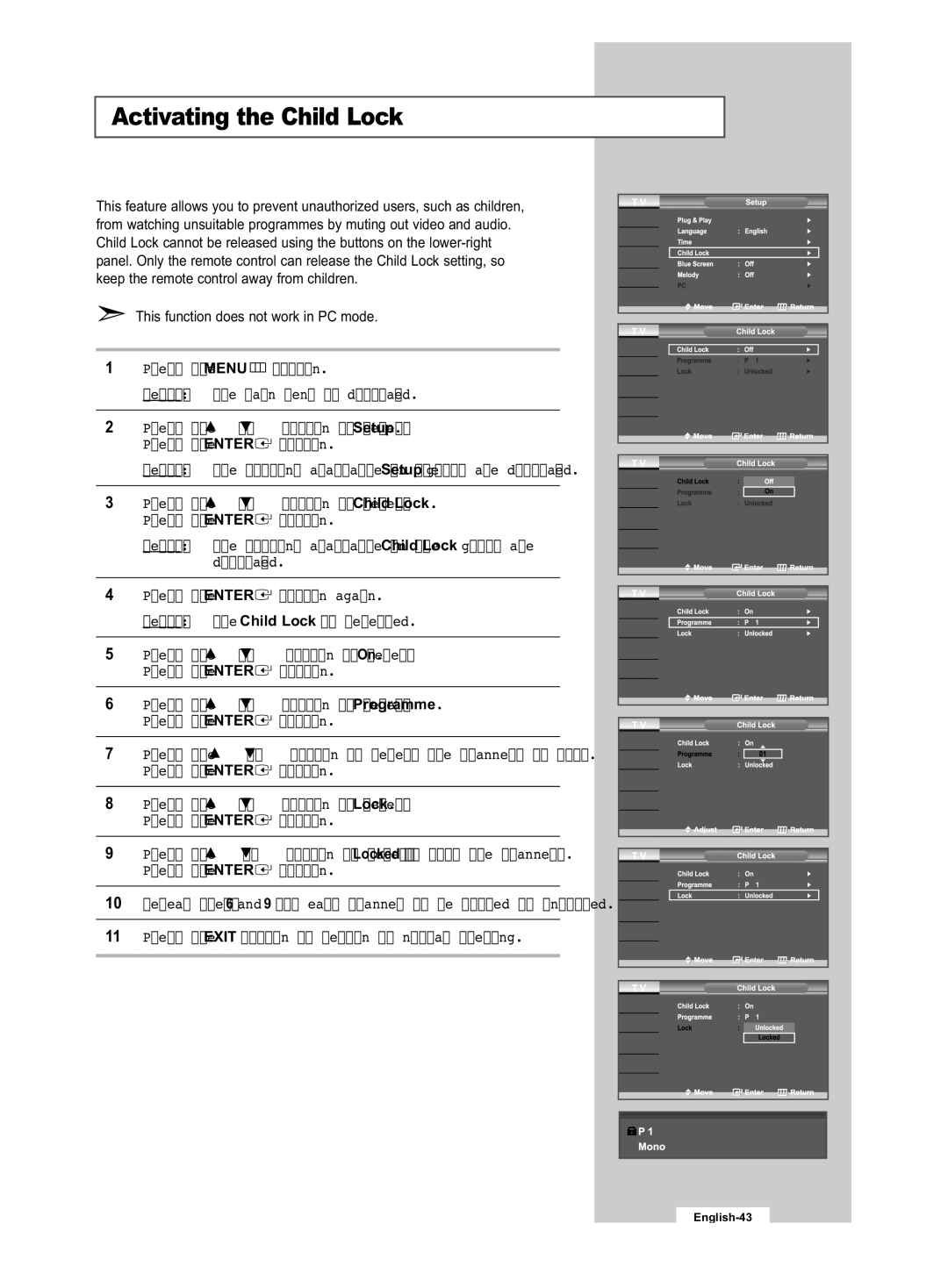 Samsung LE32R53B manual Activating the Child Lock 