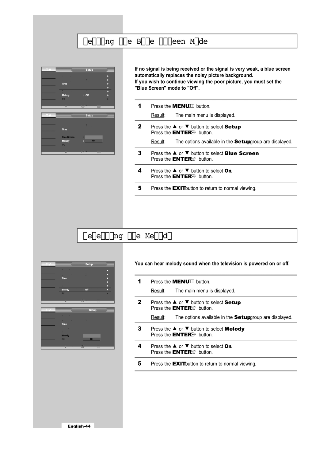 Samsung LE32R53B manual Setting the Blue Screen Mode, Selecting the Melody 