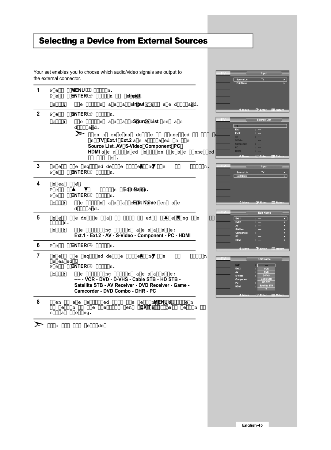 Samsung LE32R53B manual Selecting a Device from External Sources, Ext.1 Ext.2 AV S-Video Component PC Hdmi 