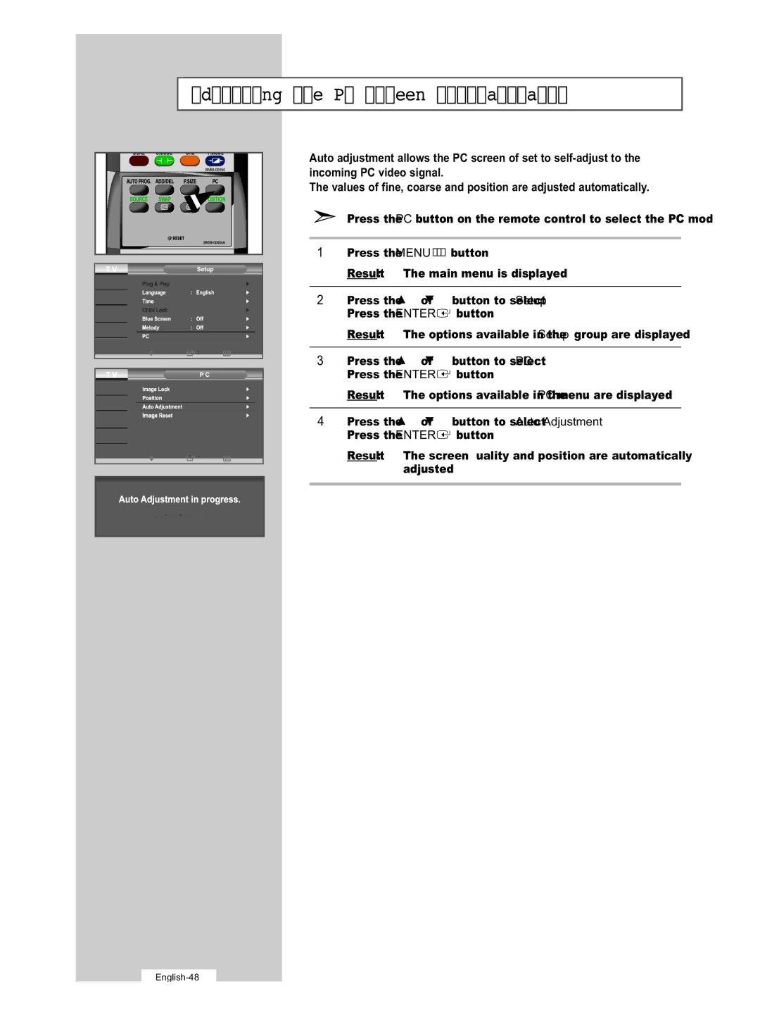 Samsung LE32R53B manual Adjusting the PC Screen Automatically 