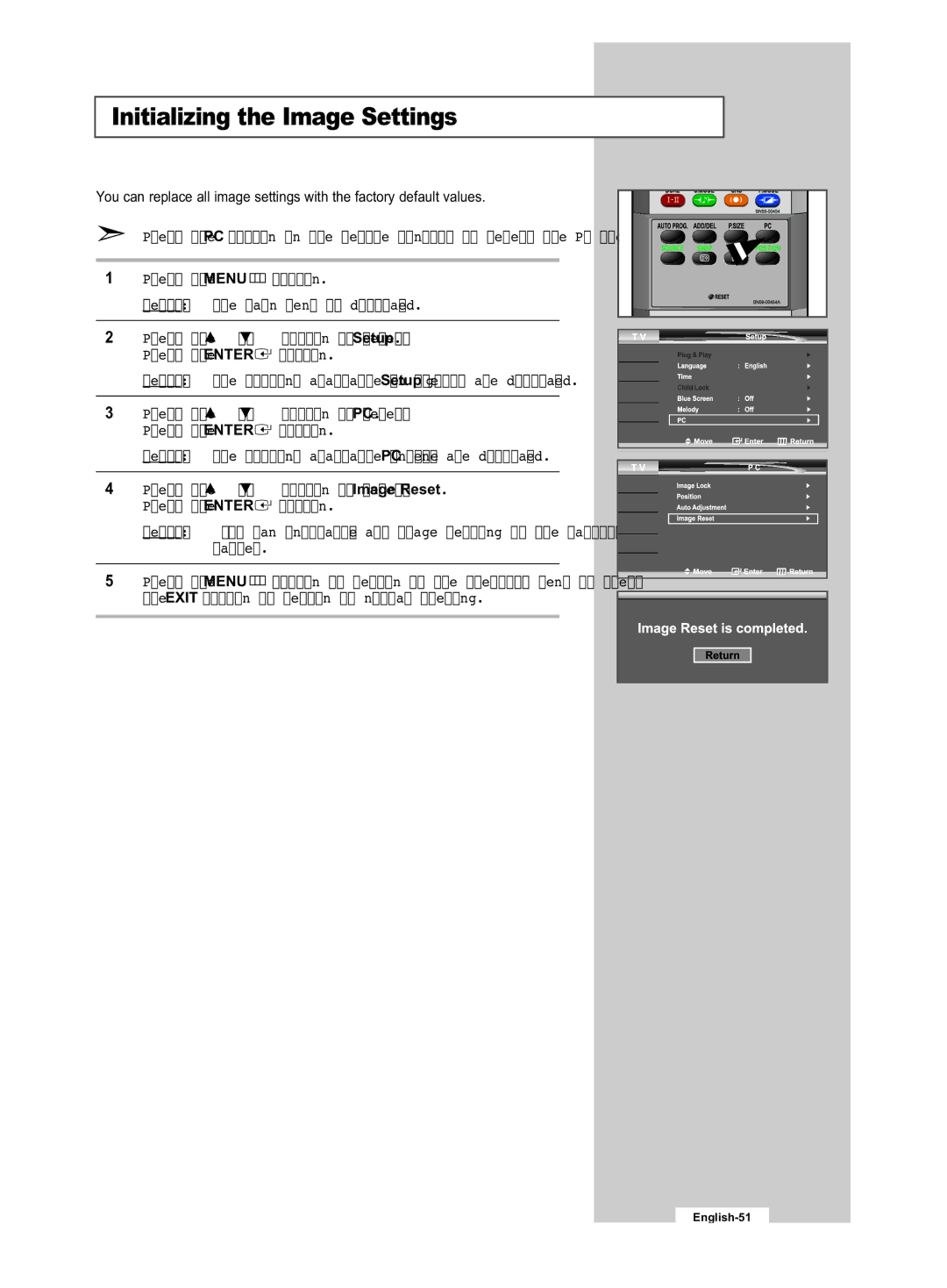 Samsung LE32R53B manual Initializing the Image Settings 