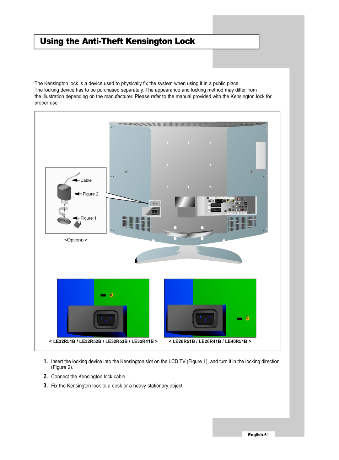 Samsung LE32R53B manual Using the Anti-Theft Kensington Lock 