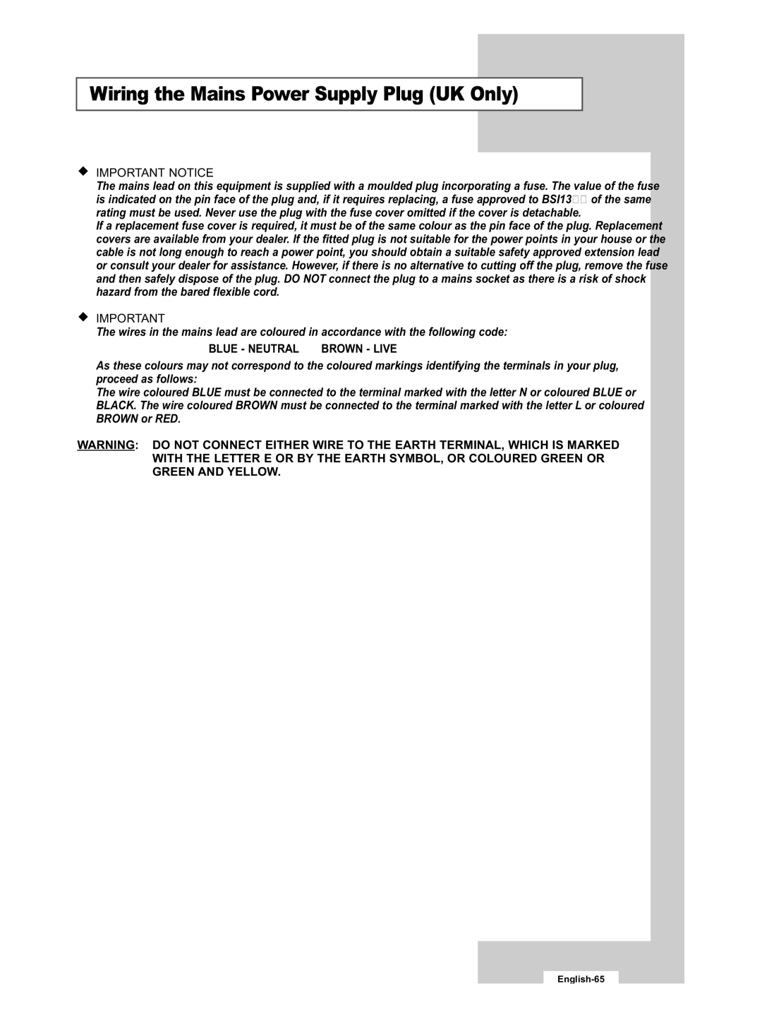 Samsung LE32R53B manual Wiring the Mains Power Supply Plug UK Only, Important Notice 