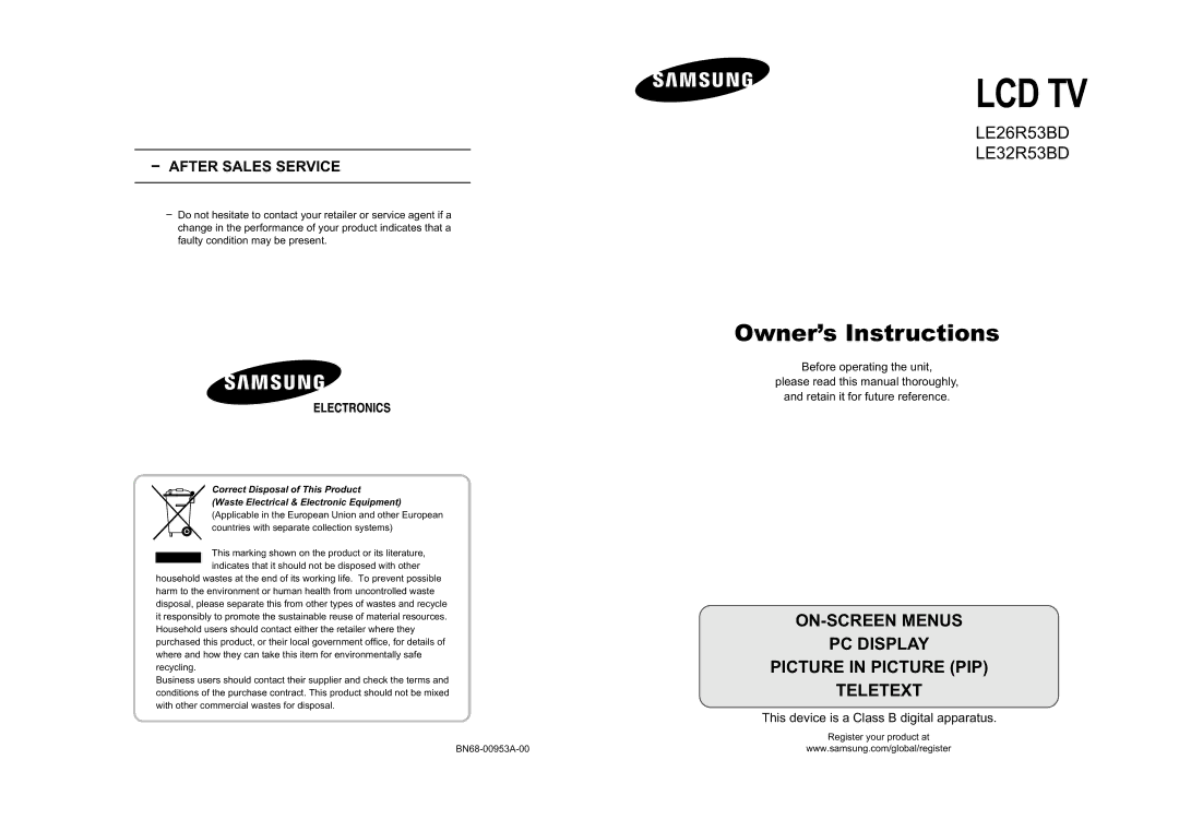 Samsung LE26R53BD, LE32R53BD manual Lcd Tv 