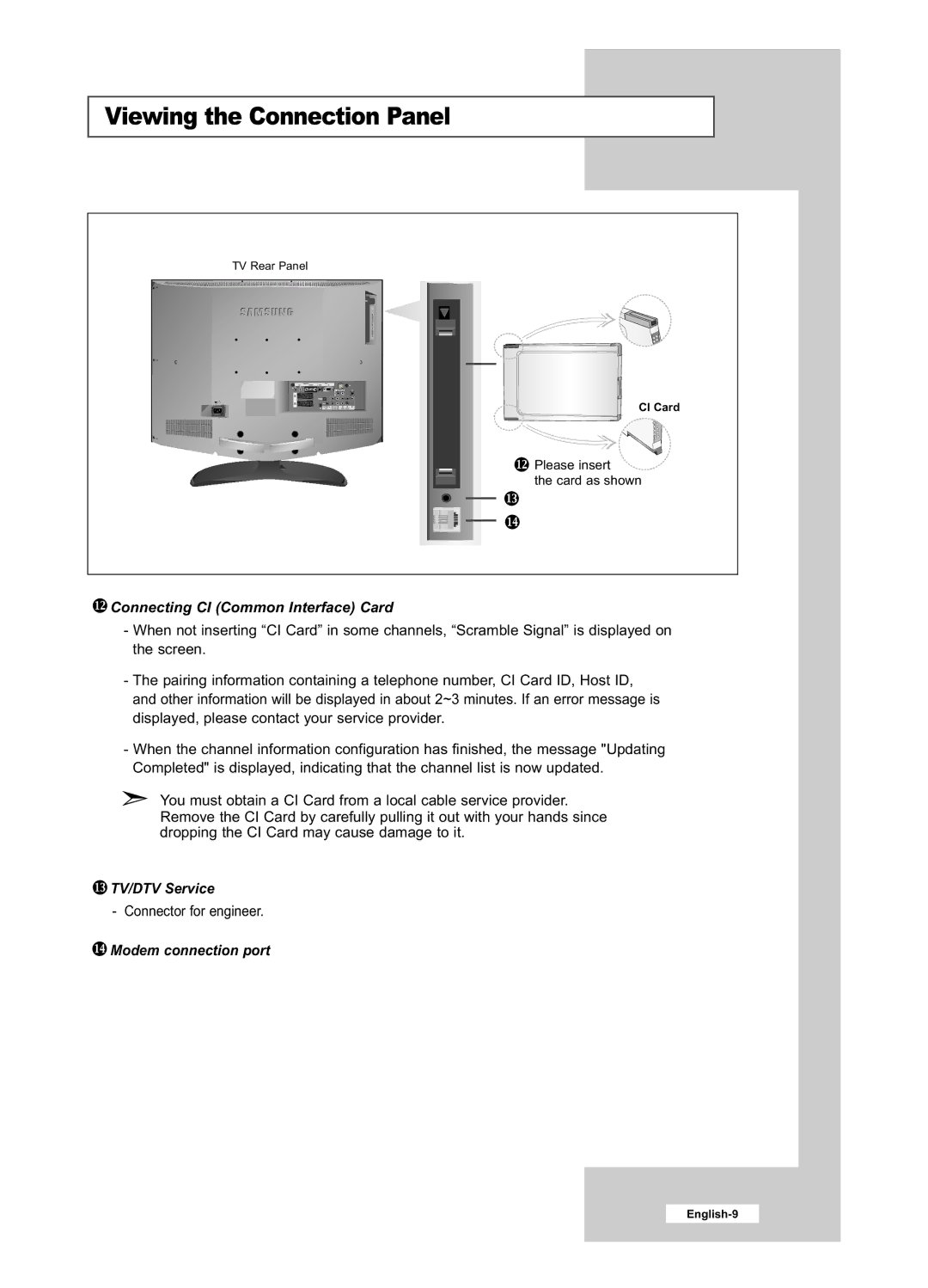 Samsung LE26R53BD, LE32R53BD manual Connecting CI Common Interface Card, TV/DTV Service, Modem connection port 