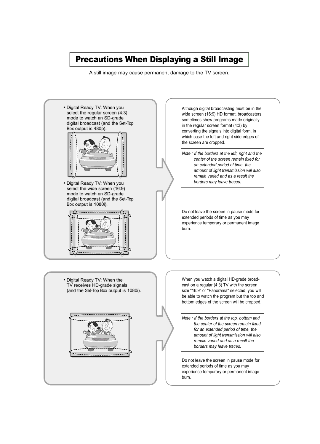 Samsung LE32R53BD manual Precautions When Displaying a Still Image, Still image may cause permanent damage to the TV screen 