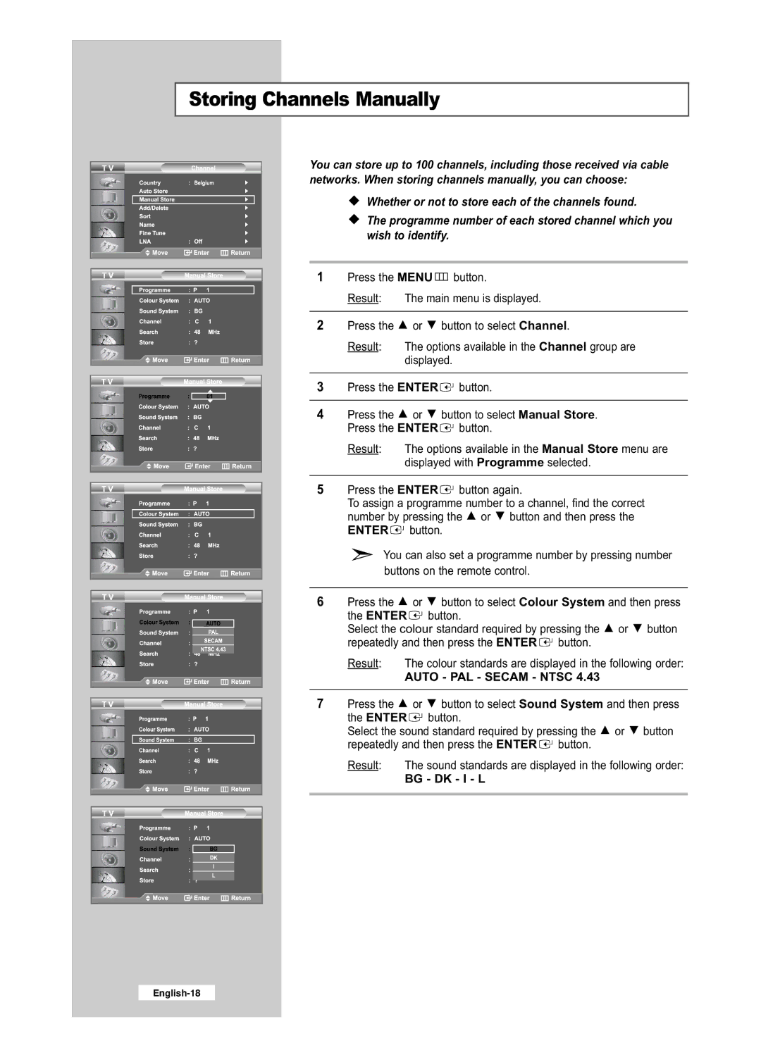 Samsung LE32R53BD, LE26R53BD manual Storing Channels Manually, Bg Dk I L 