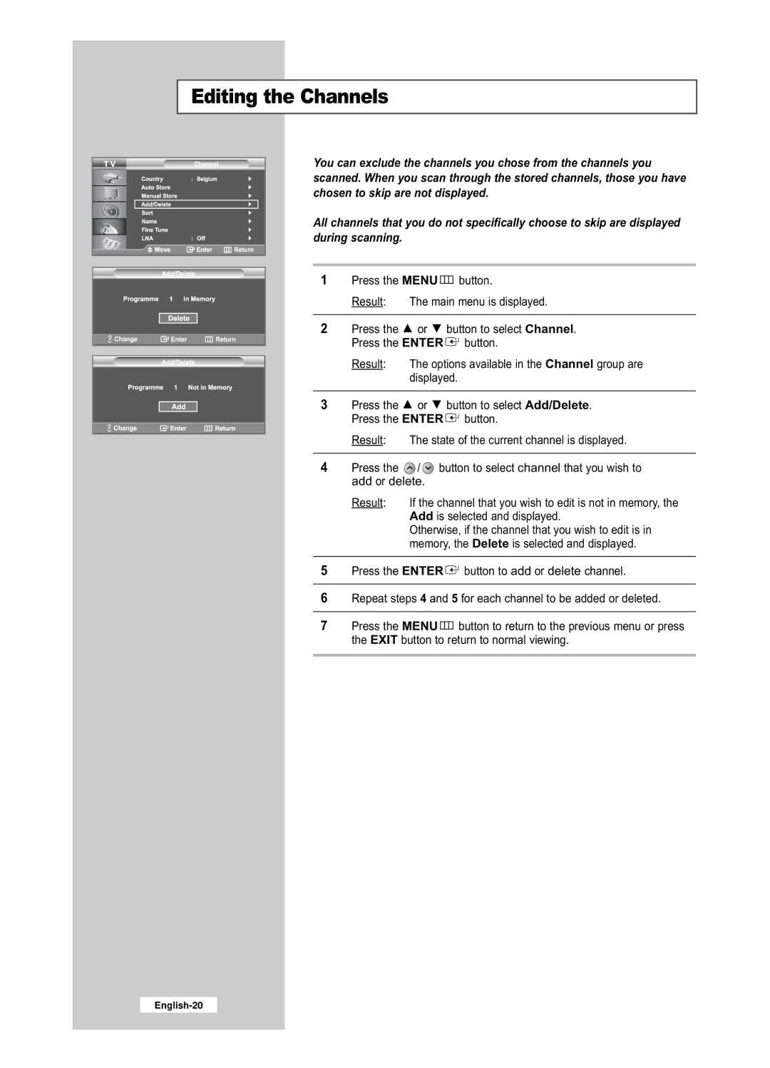 Samsung LE32R53BD, LE26R53BD manual Editing the Channels 