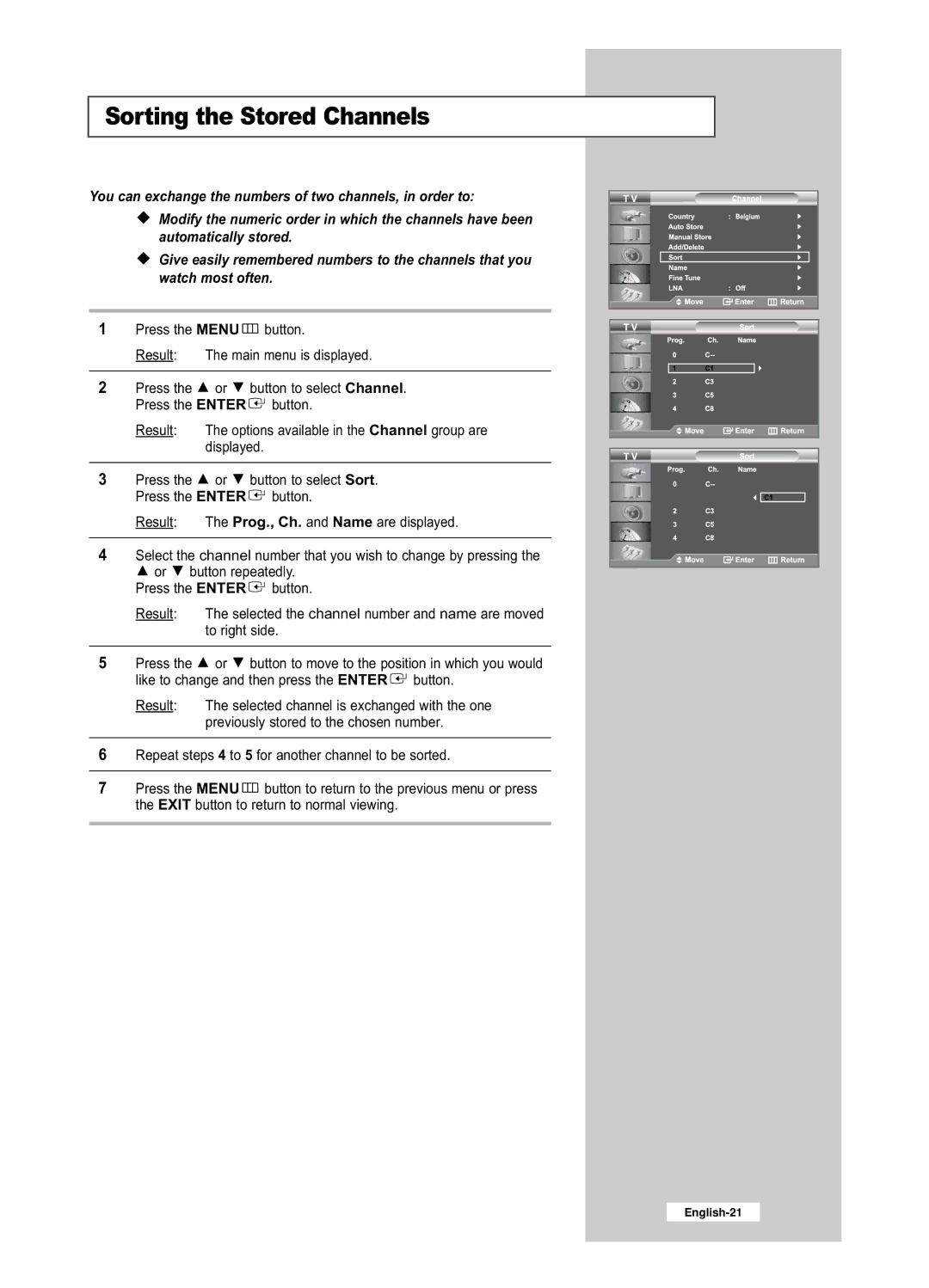 Samsung LE26R53BD, LE32R53BD manual Sorting the Stored Channels 