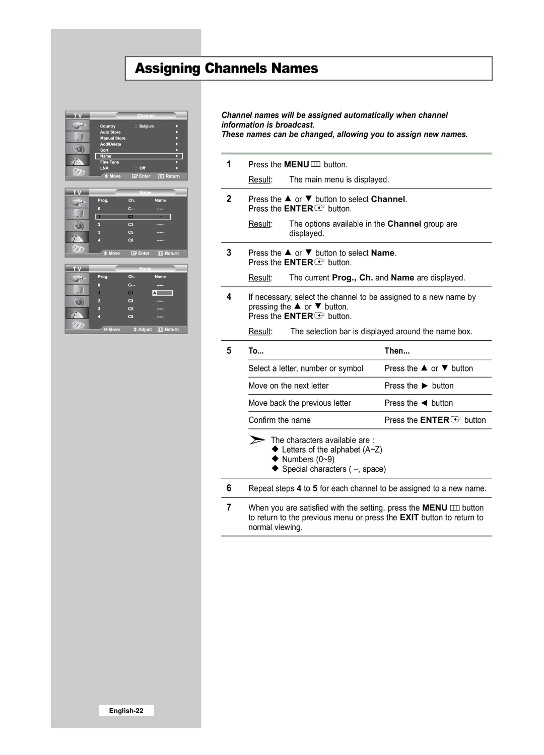 Samsung LE32R53BD, LE26R53BD manual Assigning Channels Names, Then 