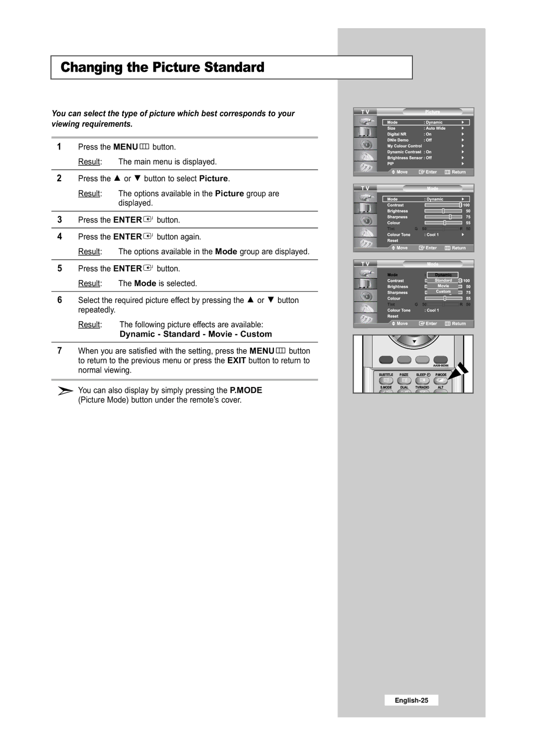 Samsung LE26R53BD, LE32R53BD manual Changing the Picture Standard, Dynamic Standard Movie Custom 