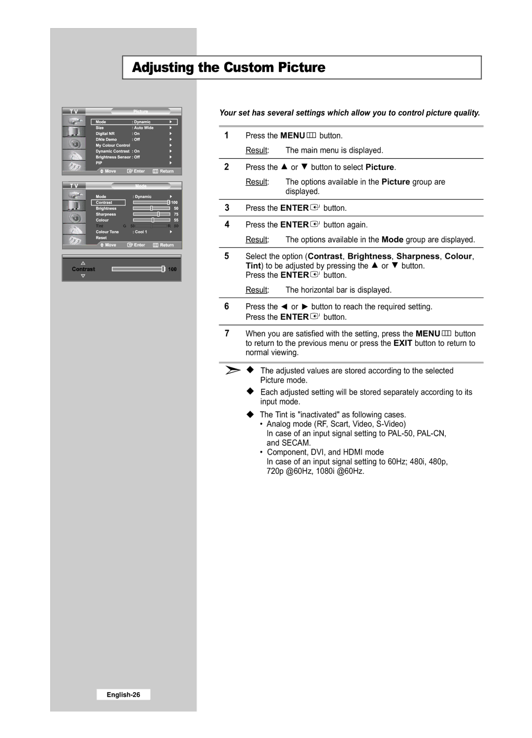 Samsung LE32R53BD, LE26R53BD manual Adjusting the Custom Picture 