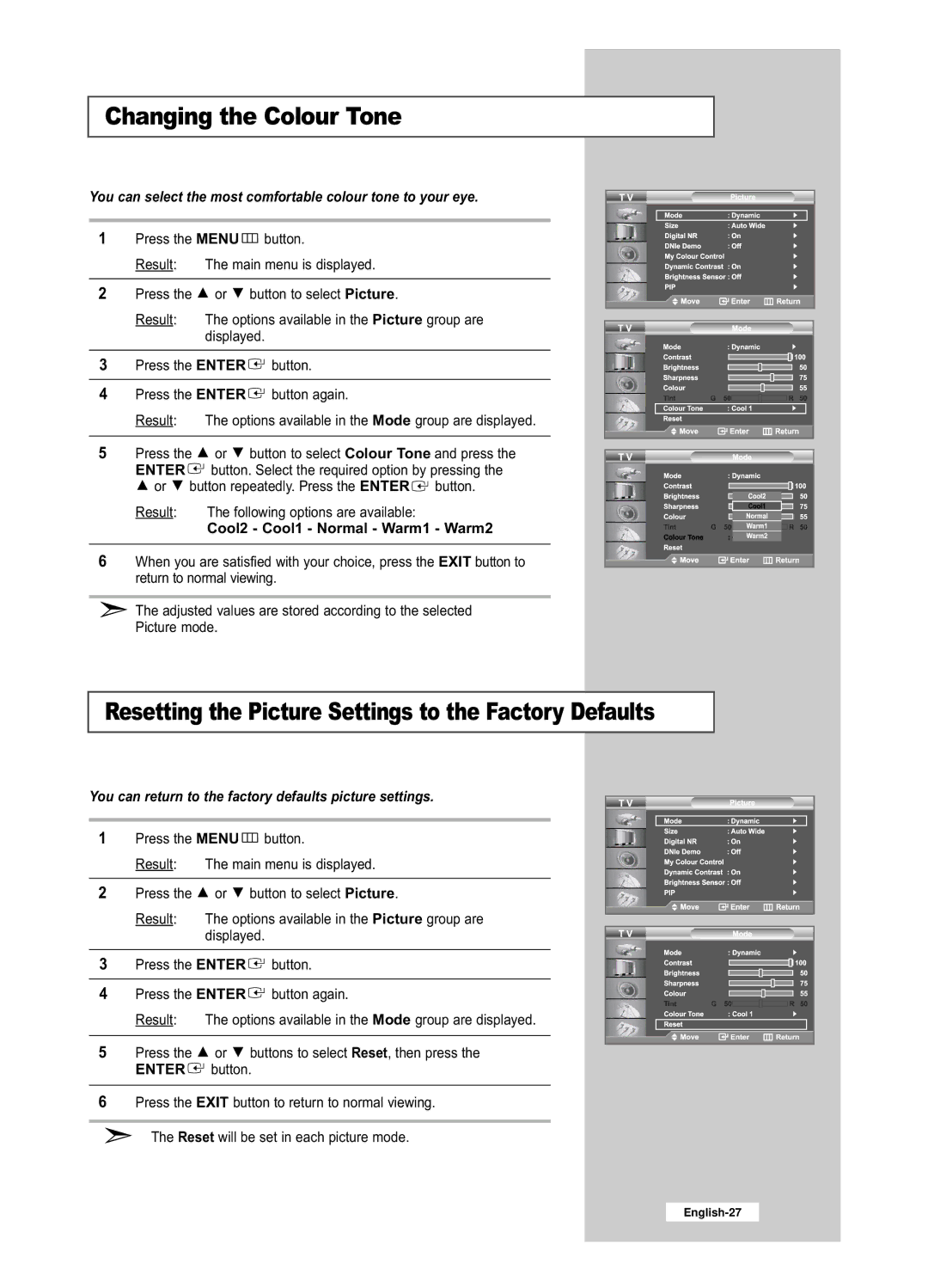 Samsung LE26R53BD, LE32R53BD manual Changing the Colour Tone, Resetting the Picture Settings to the Factory Defaults 