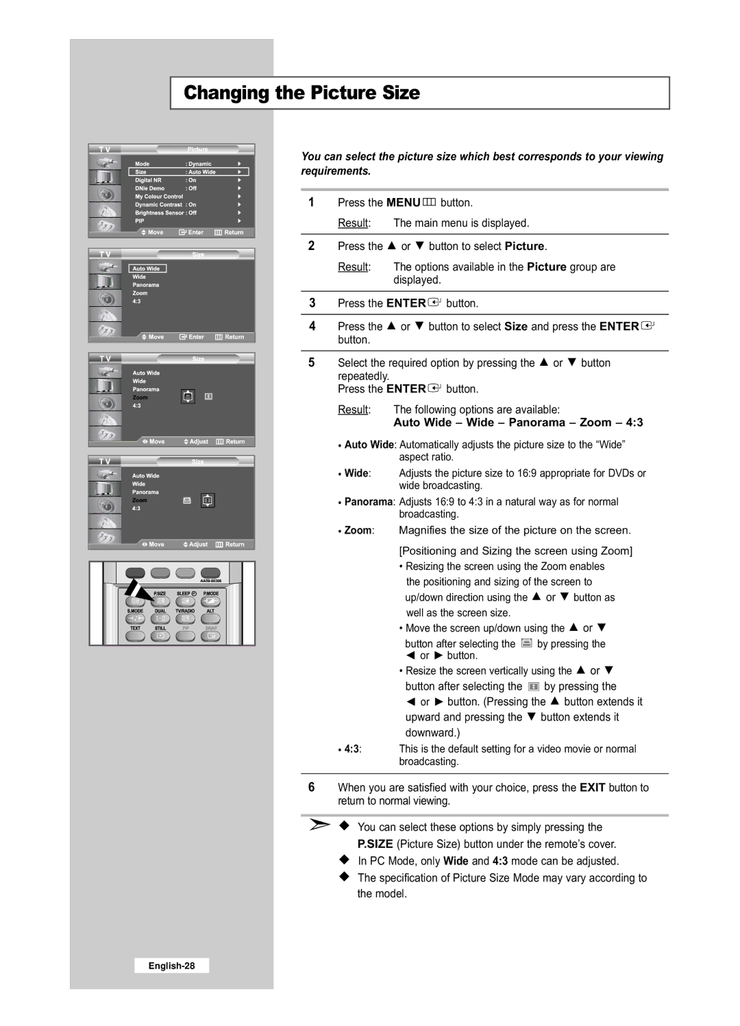 Samsung LE32R53BD, LE26R53BD manual Changing the Picture Size, Auto Wide Wide Panorama Zoom 