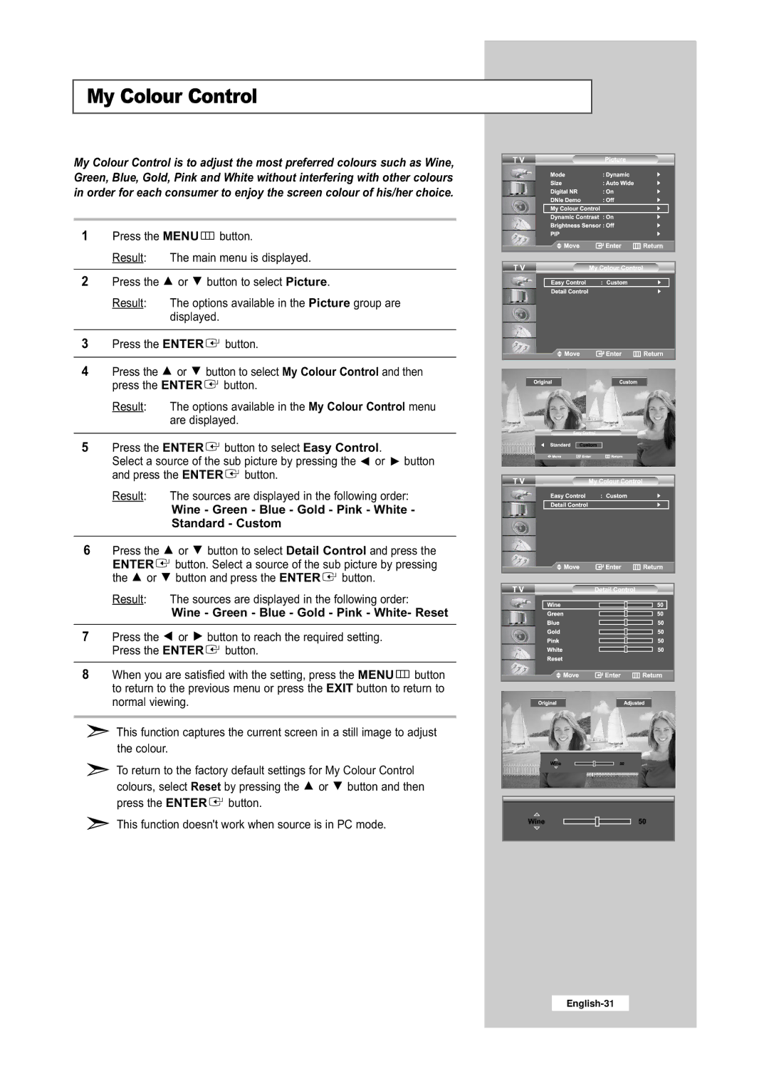 Samsung LE26R53BD, LE32R53BD manual My Colour Control, Wine Green Blue Gold Pink White Standard Custom 