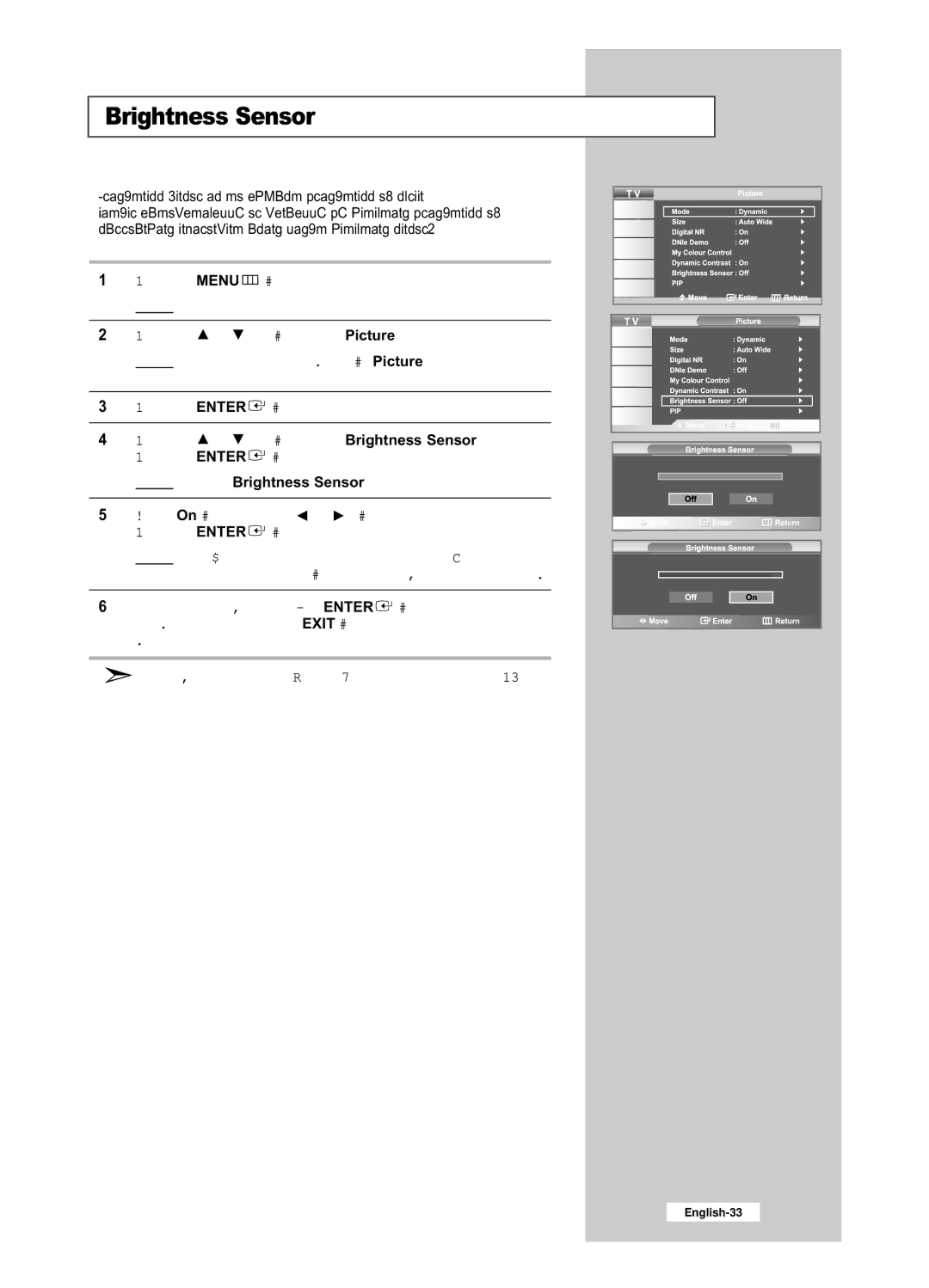 Samsung LE26R53BD, LE32R53BD manual Brightness Sensor is to adjust brightness of screen 