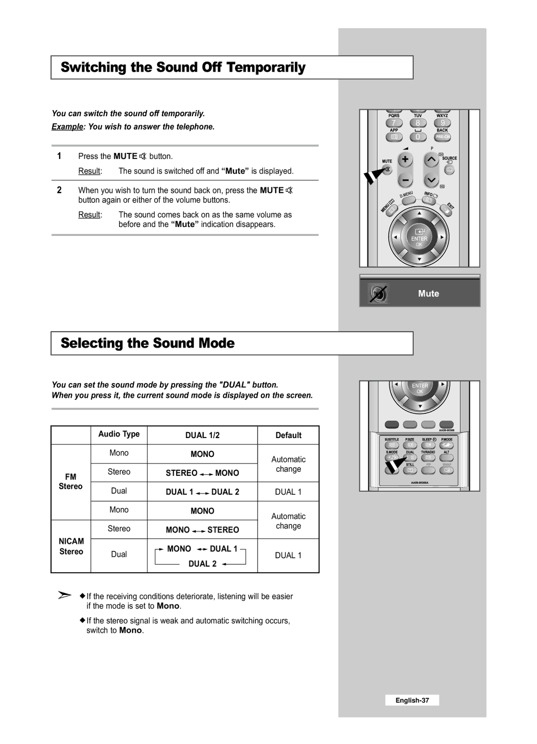 Samsung LE26R53BD manual Switching the Sound Off Temporarily, Selecting the Sound Mode, Audio Type Dual 1/2 Default, Change 