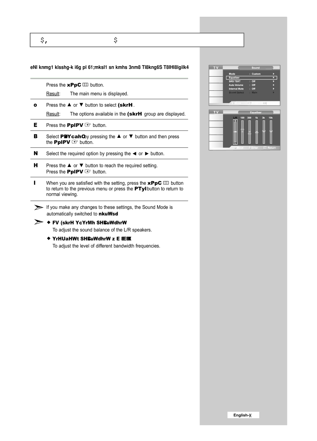 Samsung LE26R53BD manual Adjusting the Sound Settings, Sound Balance Adjustment, Bandwidth Adjustment 100, 300, 1K, 3K, 10K 