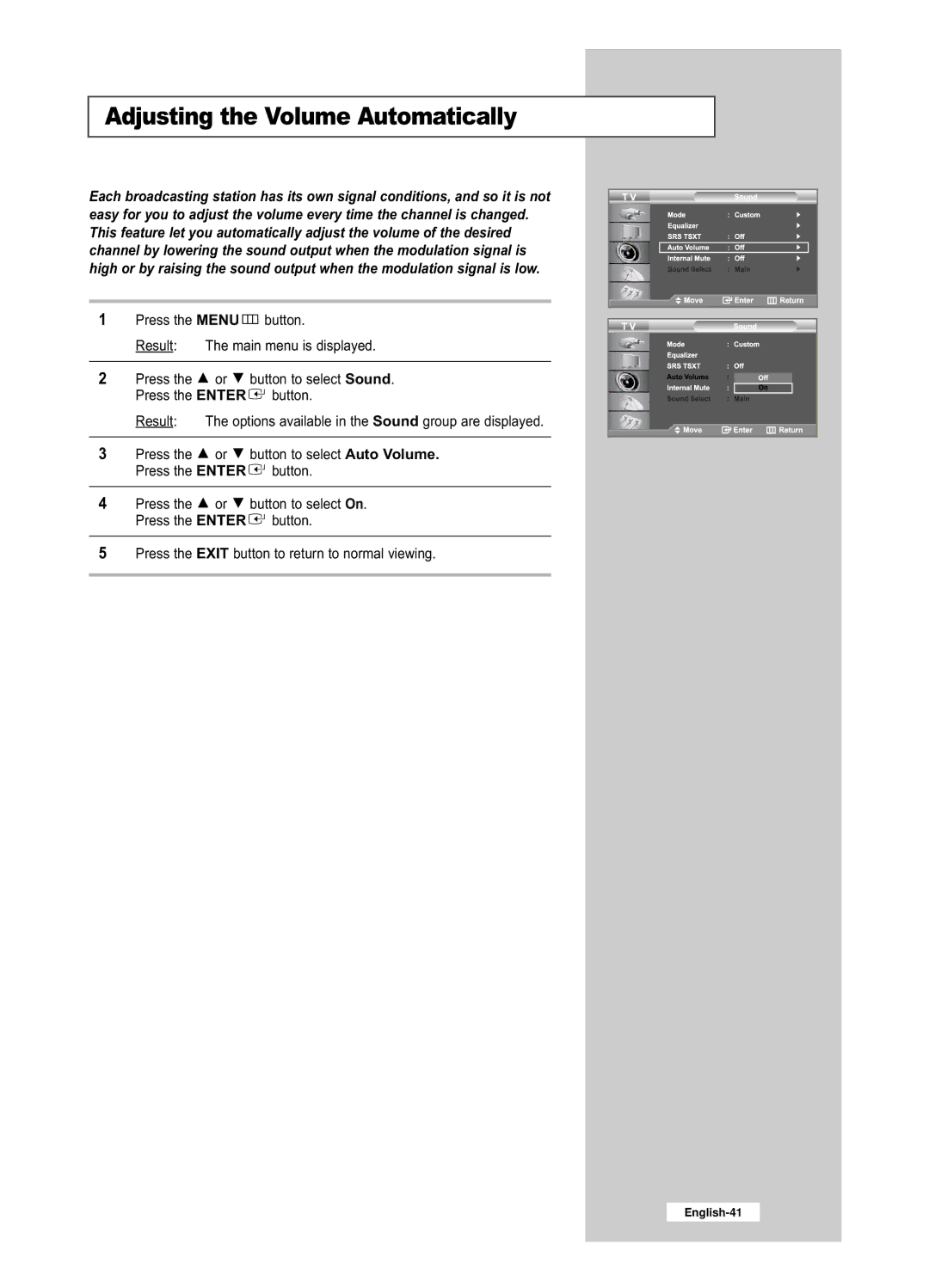 Samsung LE26R53BD, LE32R53BD manual Adjusting the Volume Automatically 