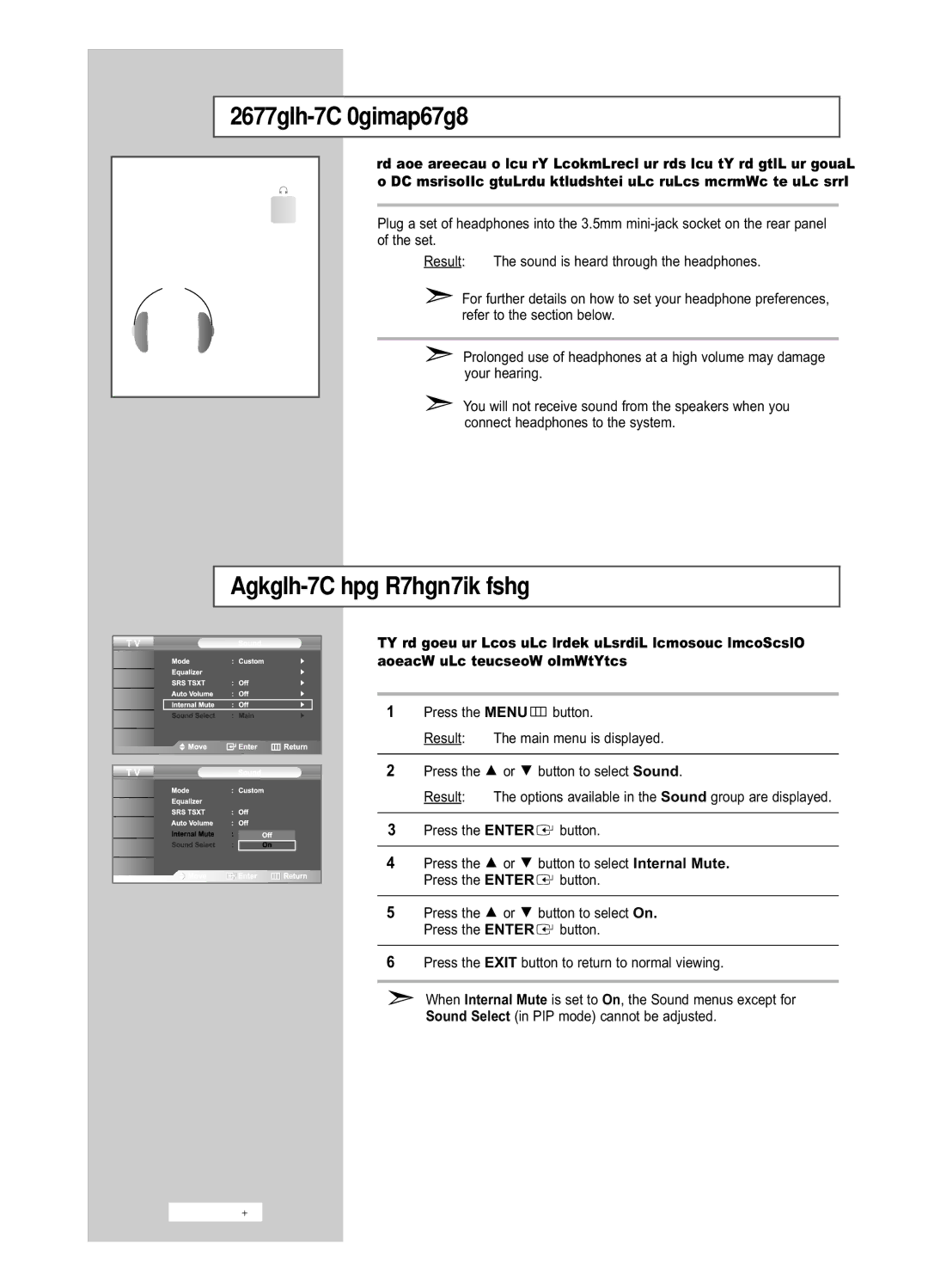 Samsung LE32R53BD, LE26R53BD manual Connecting Headphones, Selecting the Internal Mute 