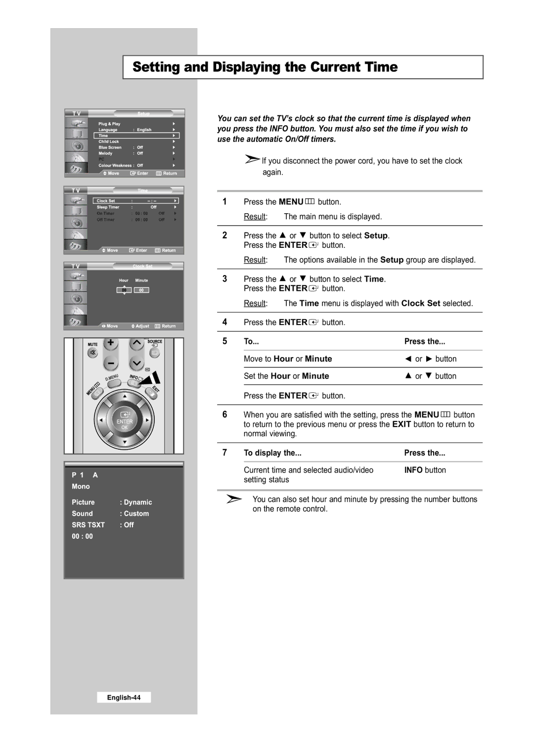 Samsung LE32R53BD, LE26R53BD manual Setting and Displaying the Current Time, To display 