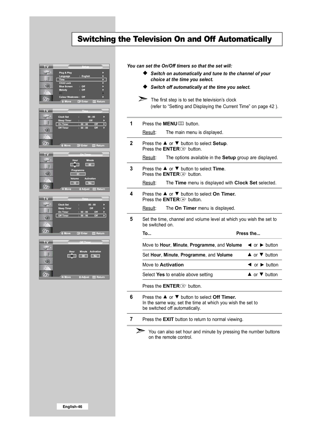 Samsung LE32R53BD, LE26R53BD manual Press Move to Hour , Minute , Programme , and Volume, Move to Activation 