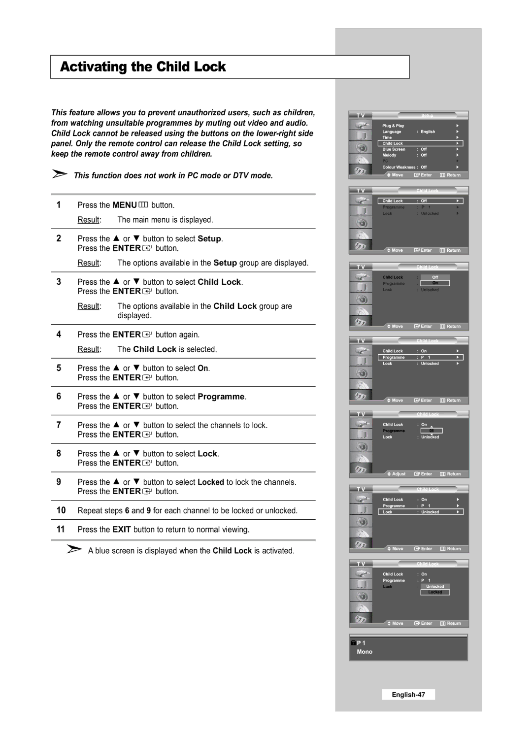 Samsung LE26R53BD, LE32R53BD manual Activating the Child Lock, This function does not work in PC mode or DTV mode 