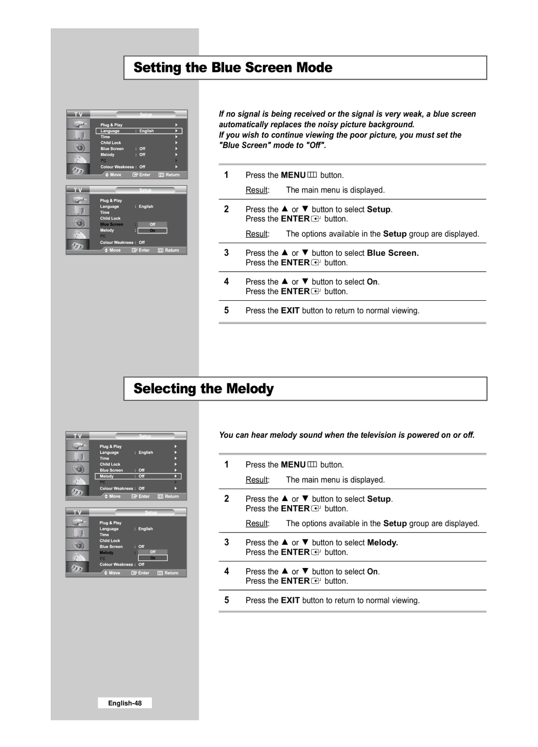 Samsung LE32R53BD, LE26R53BD manual Setting the Blue Screen Mode, Selecting the Melody 