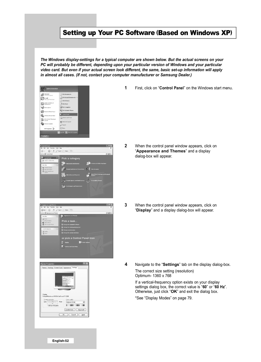 Samsung LE32R53BD, LE26R53BD manual Setting up Your PC Software Based on Windows XP 