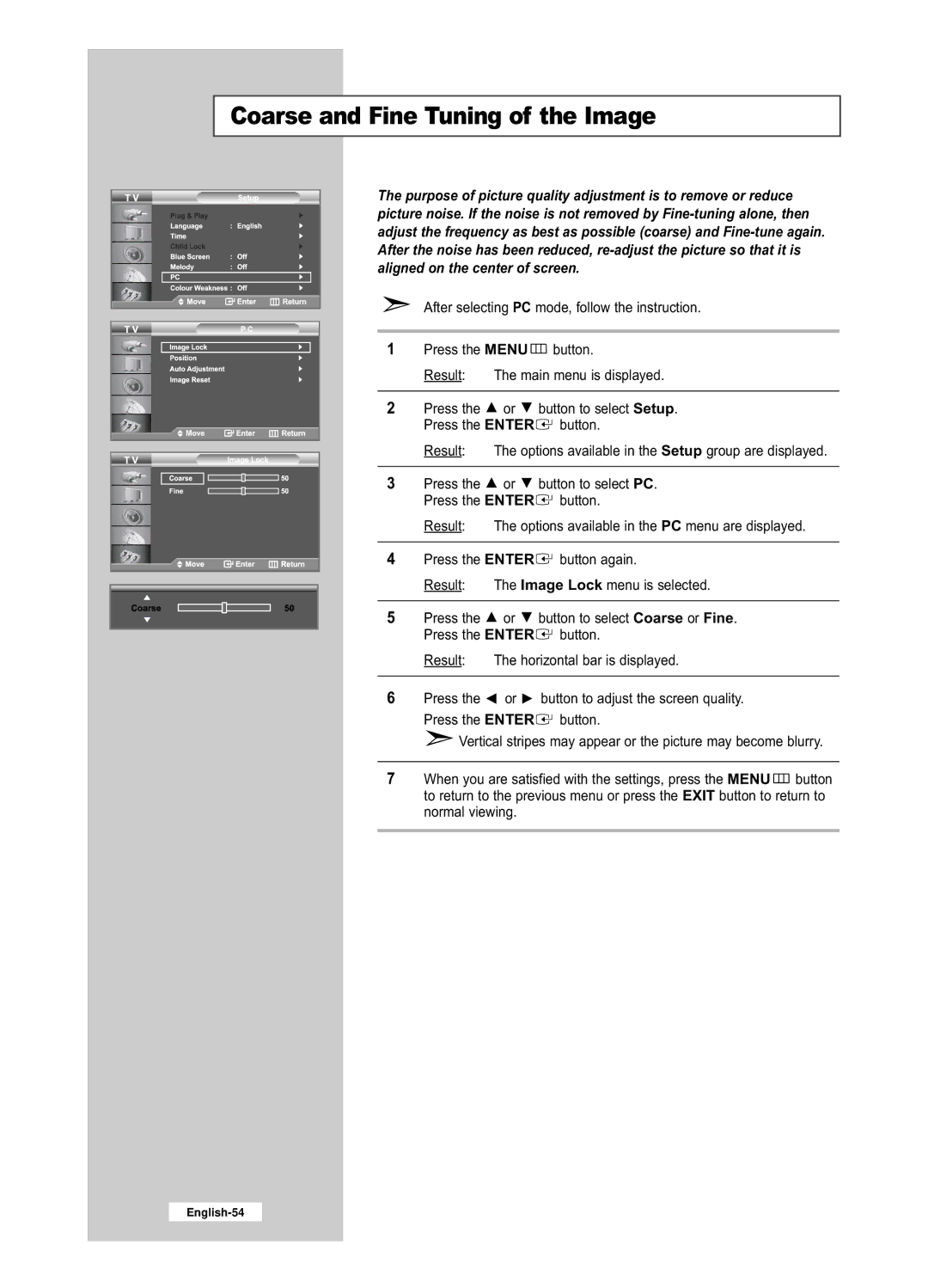 Samsung LE32R53BD, LE26R53BD manual Coarse and Fine Tuning of the Image 