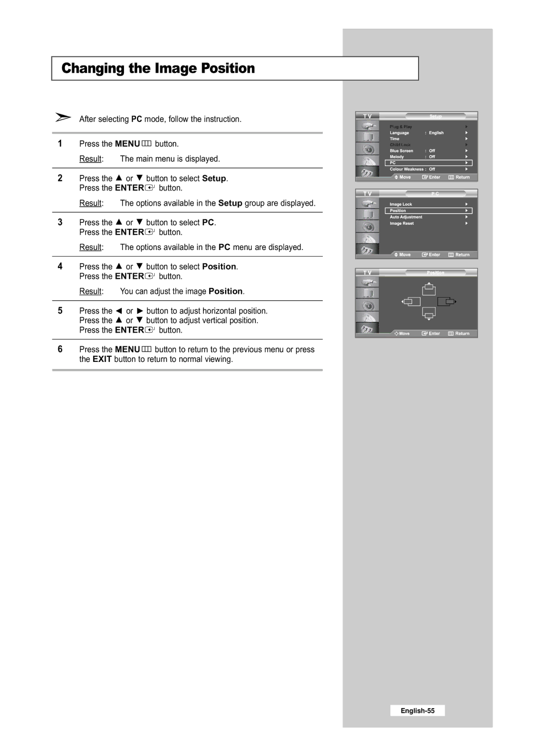 Samsung LE26R53BD, LE32R53BD manual Changing the Image Position 