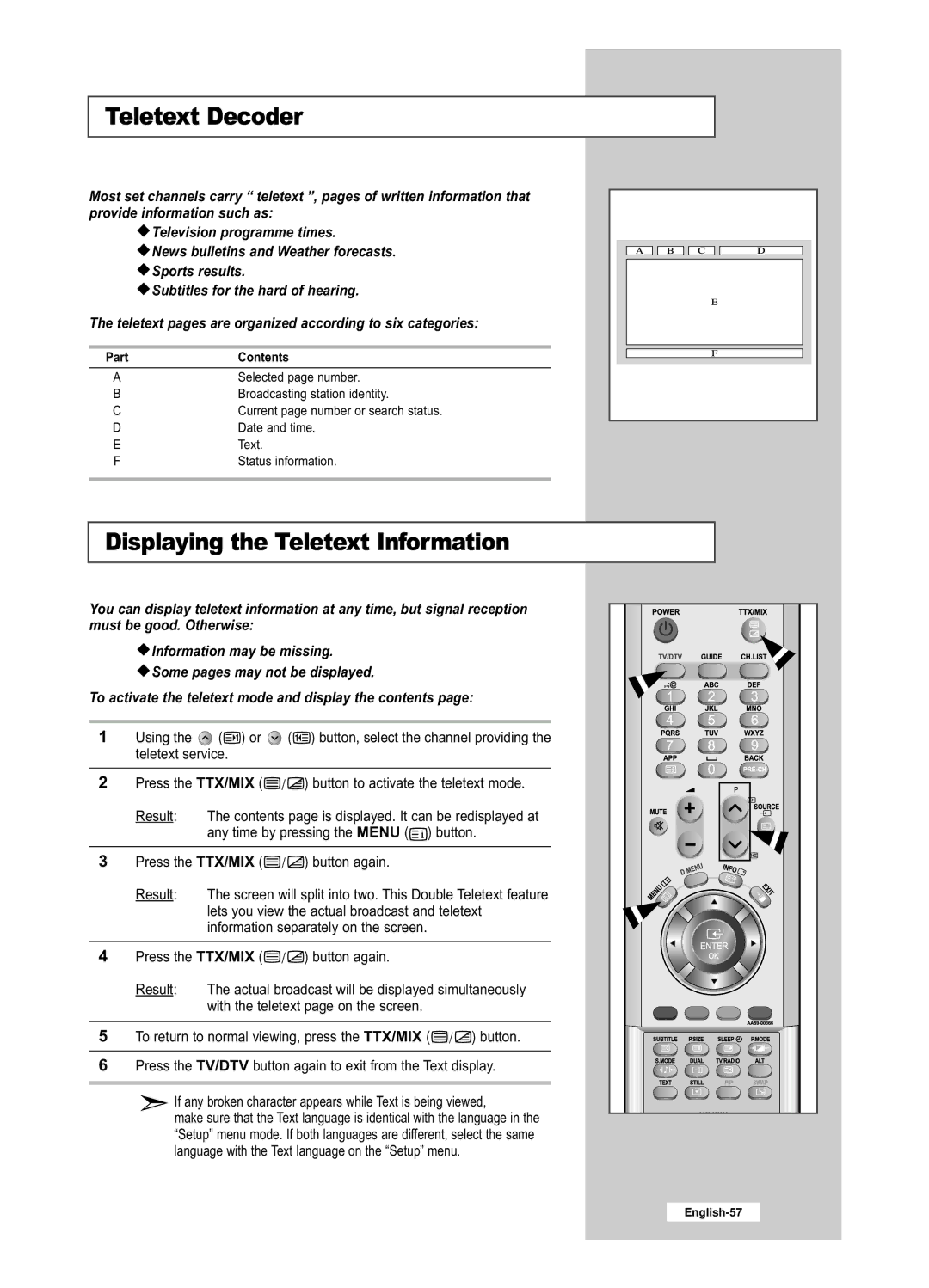 Samsung LE26R53BD, LE32R53BD manual Teletext Decoder, Displaying the Teletext Information 