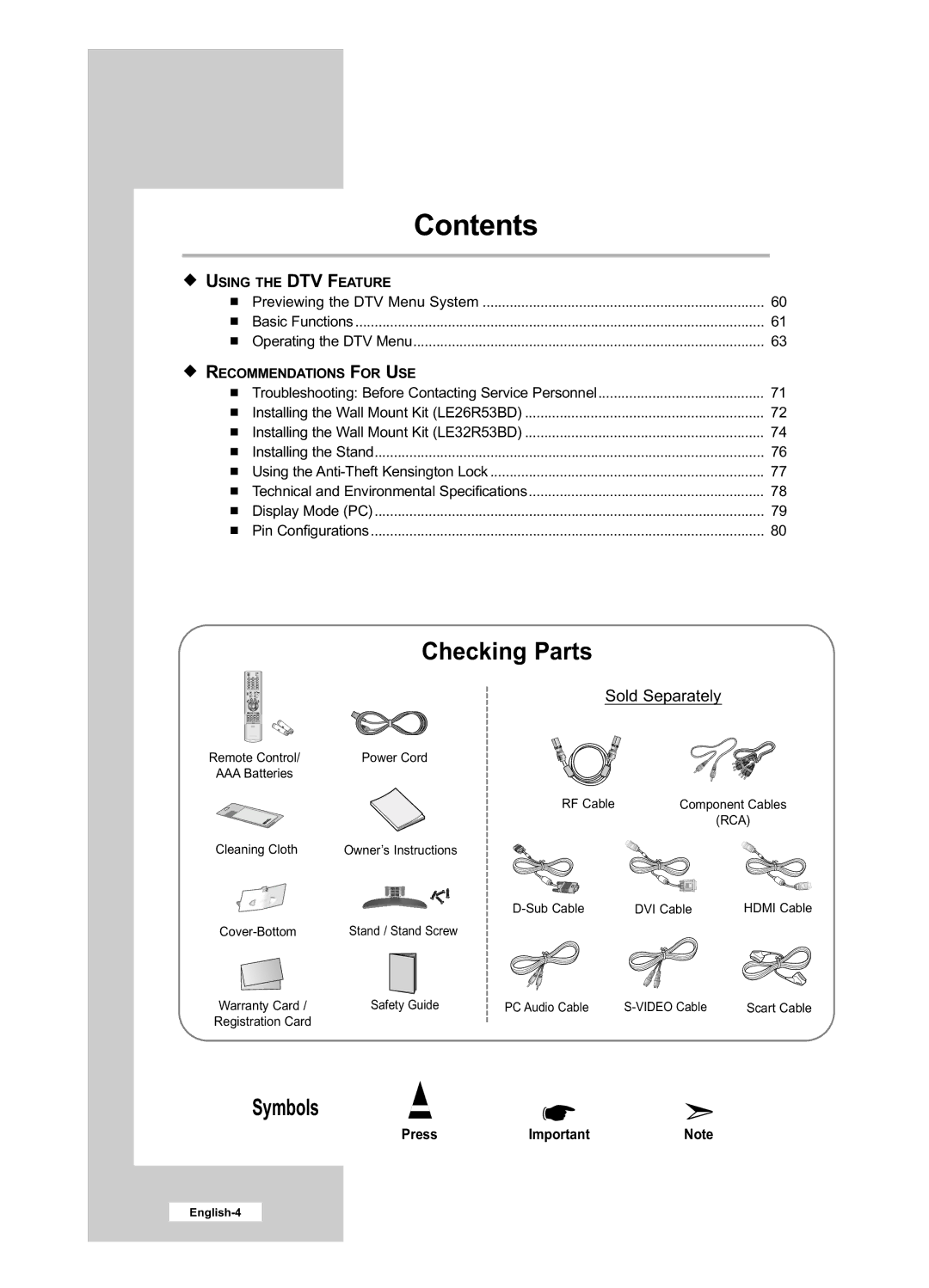 Samsung LE32R53BD, LE26R53BD manual Checking Parts, Press 