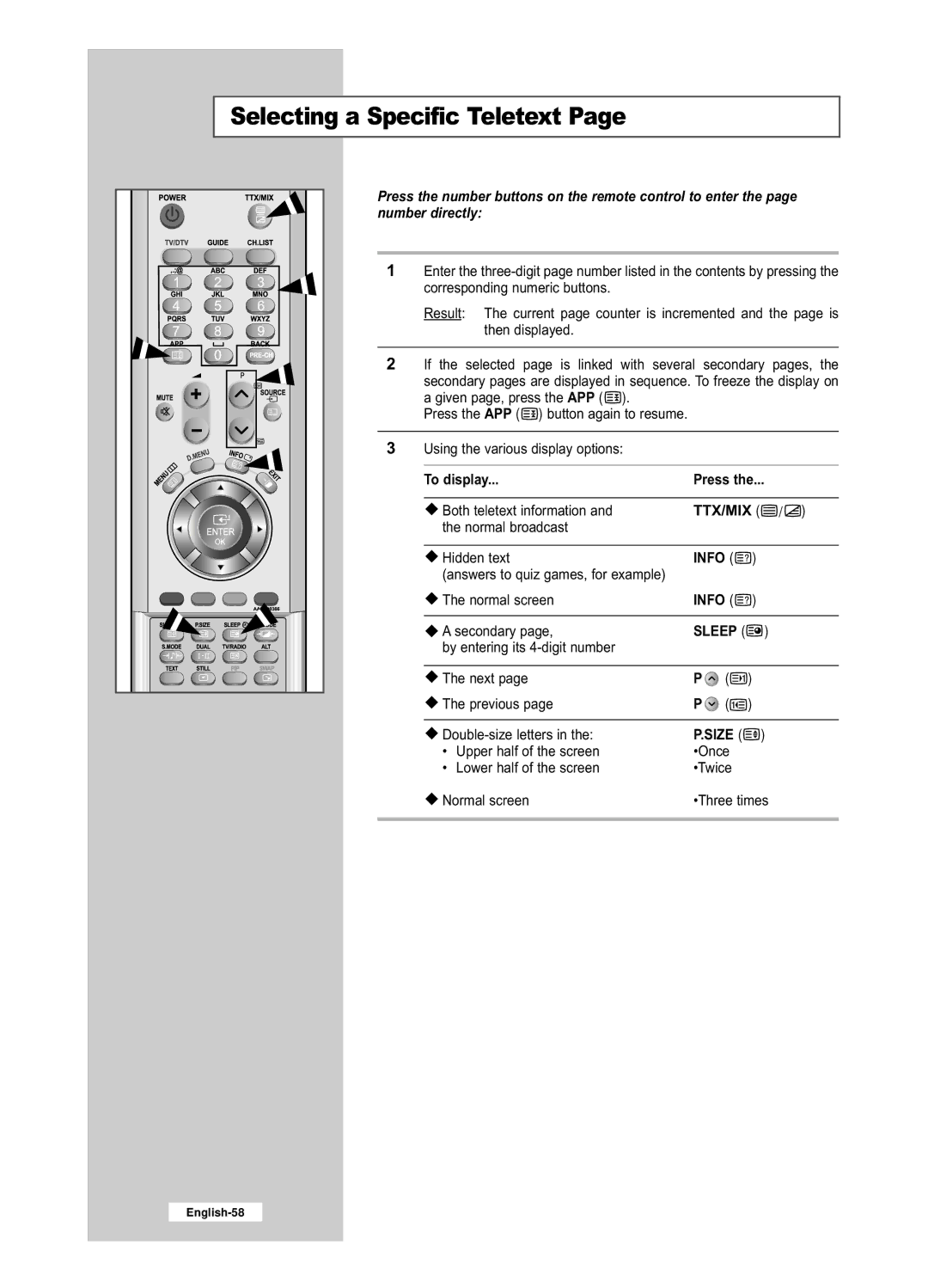 Samsung LE32R53BD, LE26R53BD manual Selecting a Specific Teletext, To display Press, Ttx/Mix 