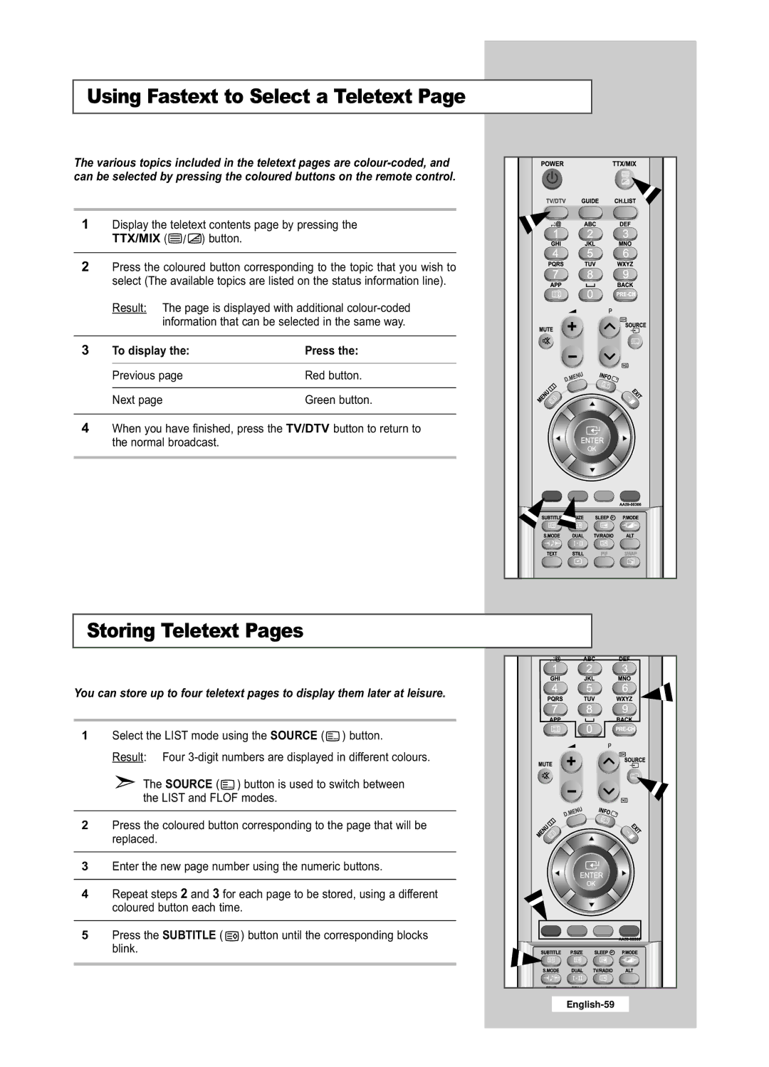 Samsung LE26R53BD, LE32R53BD manual Using Fastext to Select a Teletext, Storing Teletext Pages 